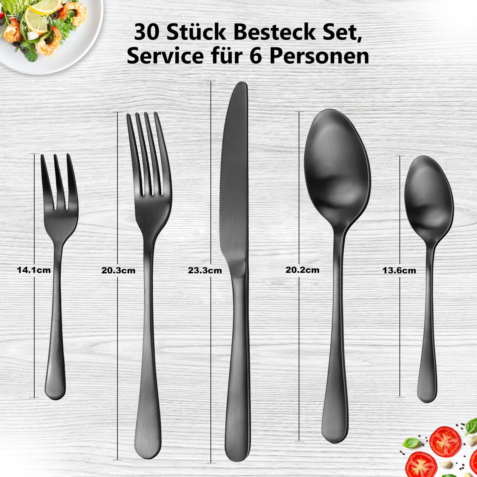 Juego de cubiertos para 6 personas, 30 piezas, color negro mate, juego de cubertería con cuchillo, tenedor, cuchara, juego de cubiertos de acero inoxidable, mate y apto para lavavajillas