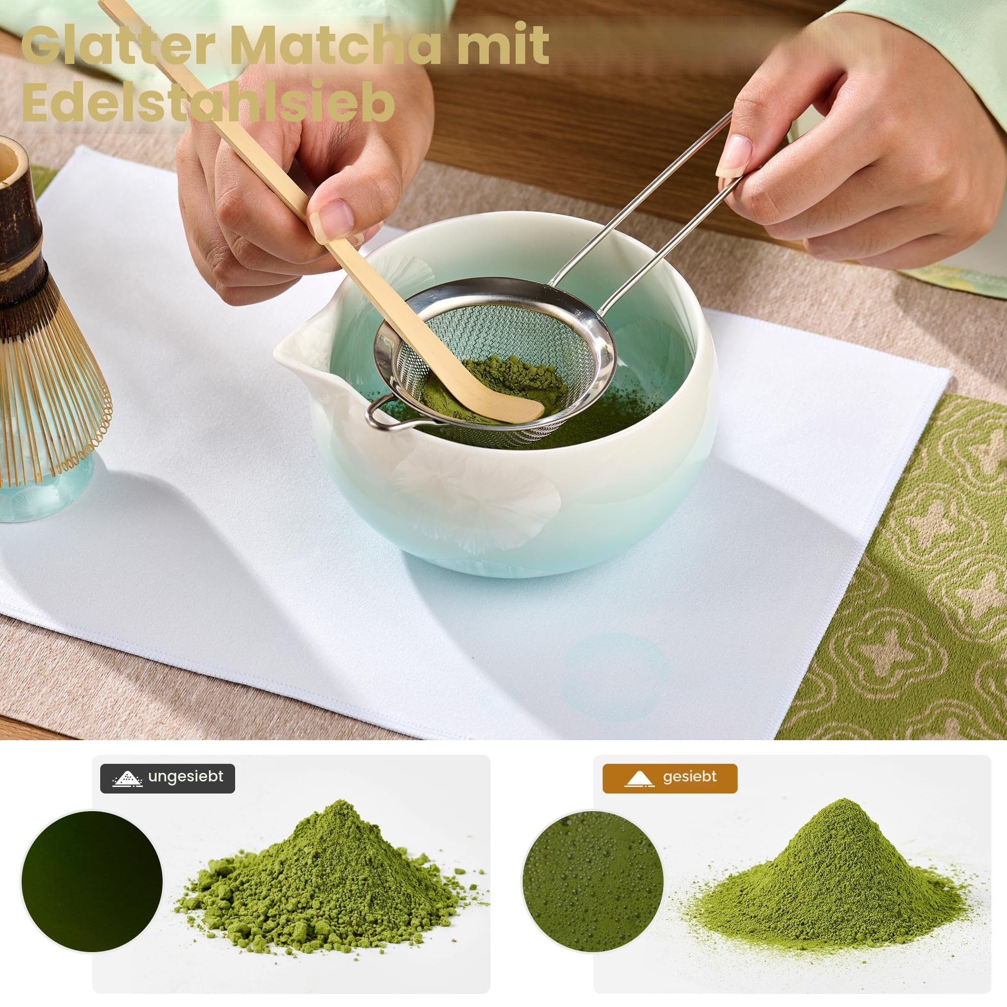ComboJoy Matcha Set Blau - 9-teiliges Crystal Flower Matcha Schale, Bambusbesen & Halter, Matcha gläser, Eiswürfel form, Löffel & Sieb mit Halter, Teetuch - Geschenke für Frauen
