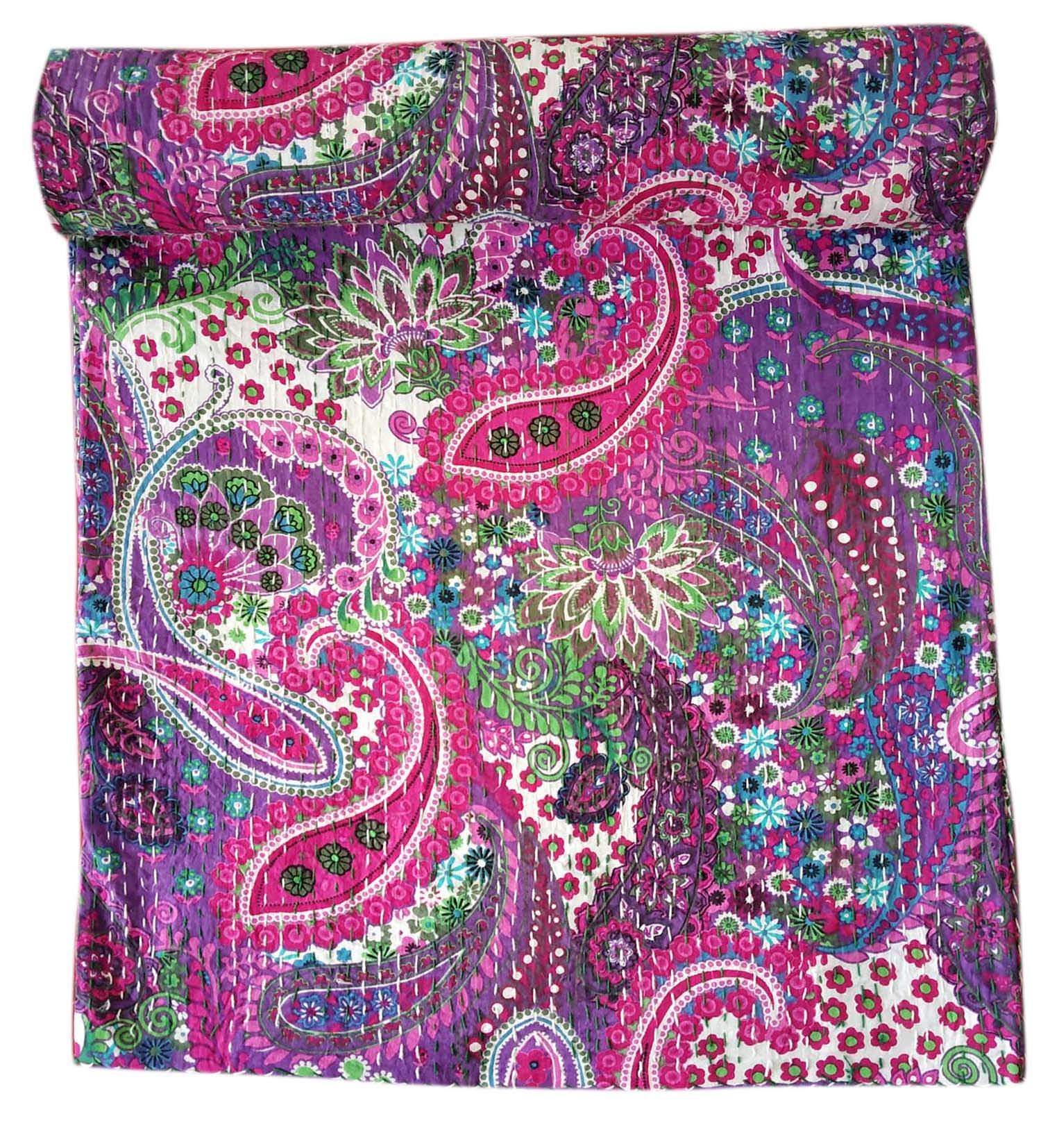 Kirti Textile and Handicraft Kantha Bed Cover Handmade Coverlet Cotton Paisley Print Kantha Quilt Kantha Bedspread Gudari (Queen, 90x108 inches, Double Bed)-image-6