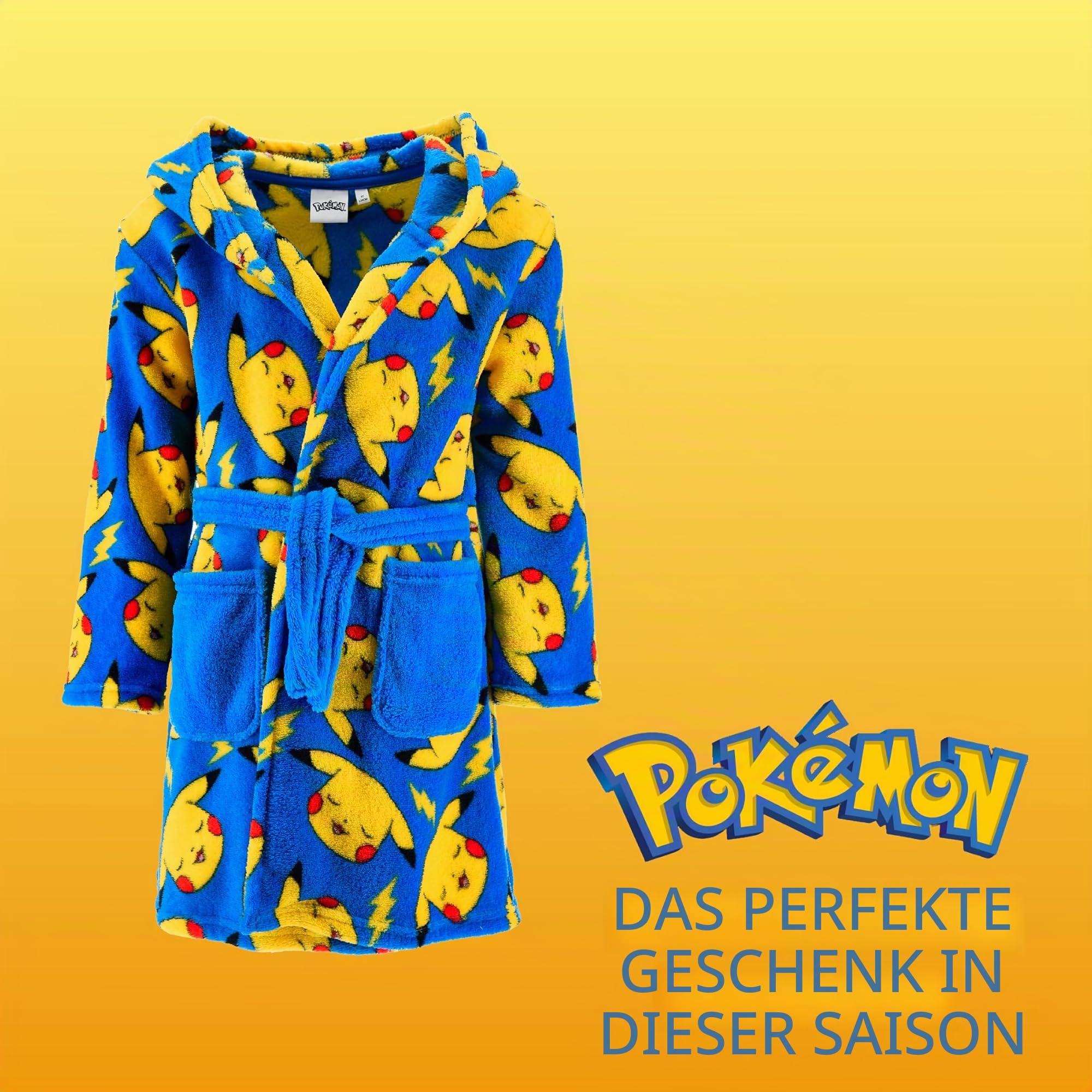 Pokemon Bademantel Jungen, Pikachu Design Weicher Fleece Morgenmantel, Größe 5 Jahre | Blau