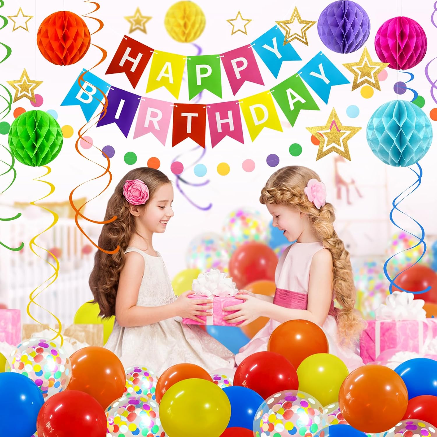 ZERODECO Birthday Decorations, Easy to Assemble Colorful Happy Birthday Banner with Honeycomb Ball, Balloon, Hanging Swirl Streamer, Garland, Happy Birthday Party Decorations for Women Girls Kids - Image 5