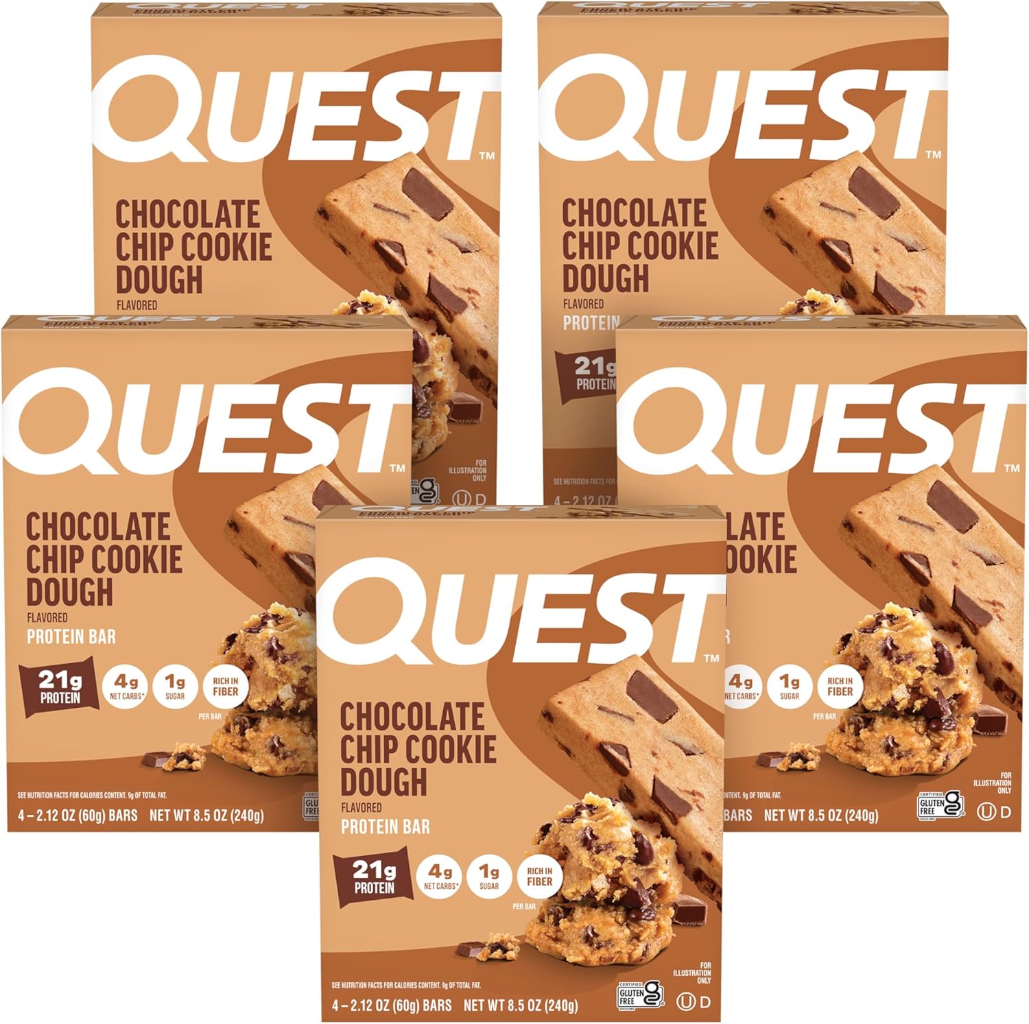 Quest Nutrition Chocolate Chip Cookie Dough - High Protein, Low Carb, Gluten Free, Keto Friendly, 2.12 Oz, 20 Count (4 Packs of 5)