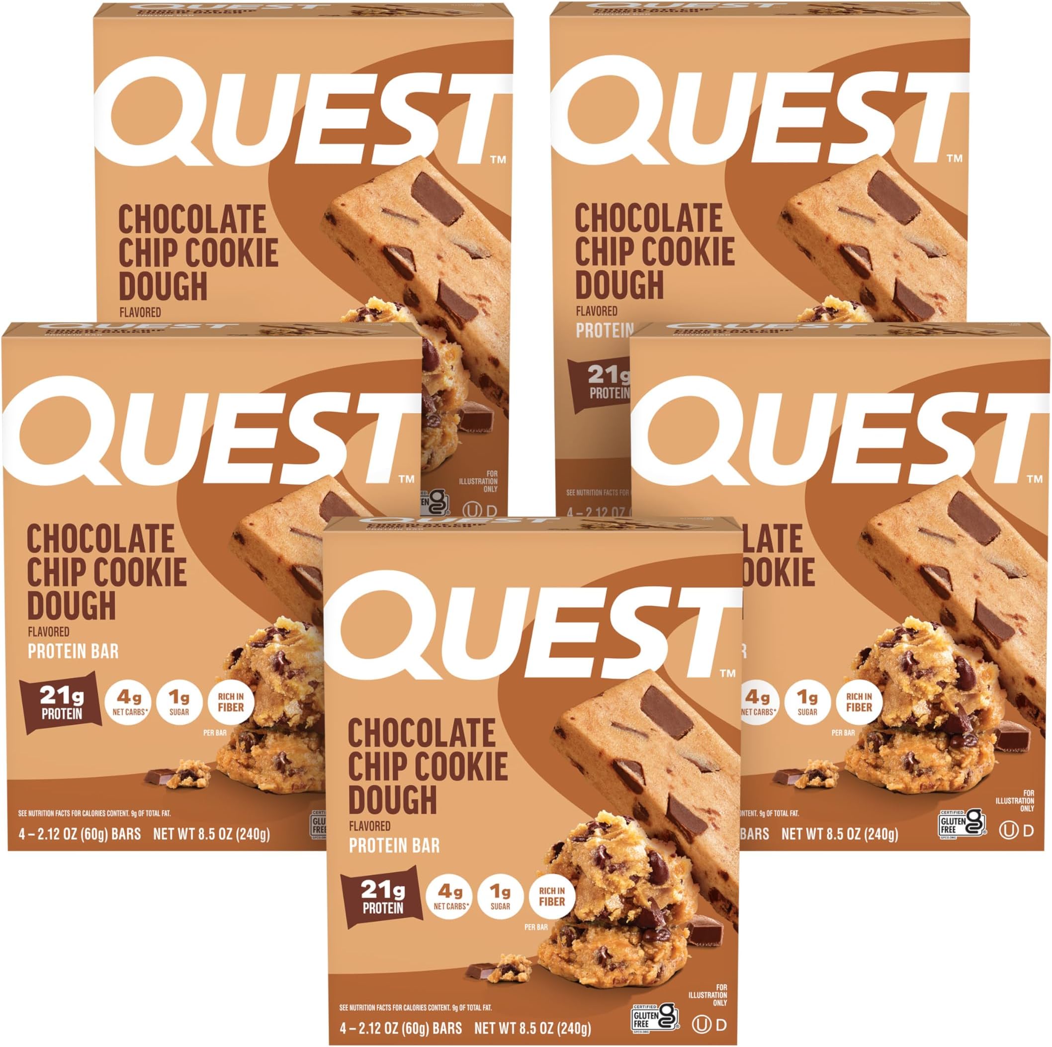 Quest Nutrition Chocolate Chip Cookie Dough - High Protein, Low Carb, Gluten Free, Keto Friendly, 2.12 Oz, 4 Count (Pack of 5)