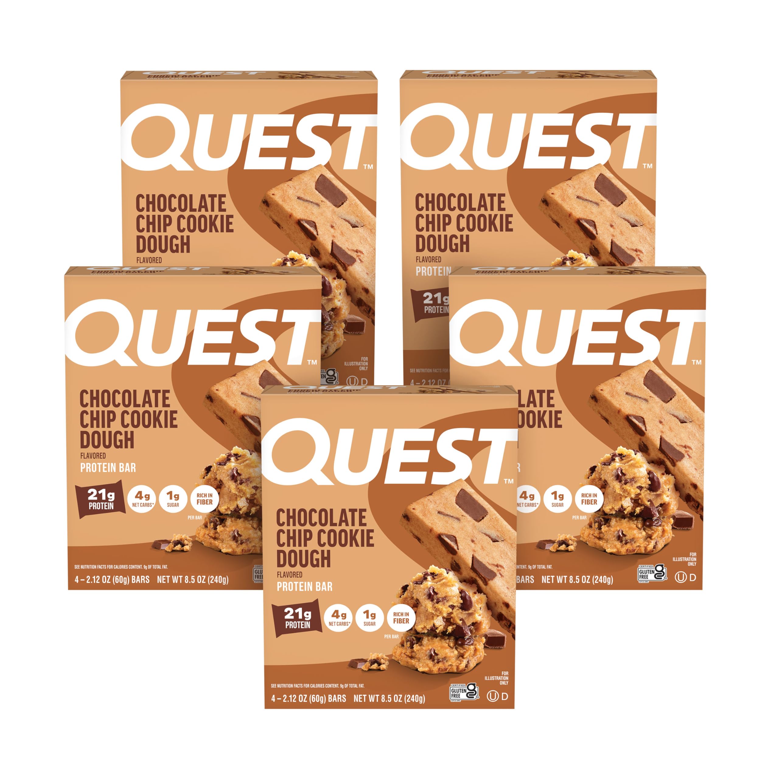 Quest Nutrition Chocolate Chip Cookie Dough - High Protein, Low Carb, Gluten Free, Keto Friendly, 2.12 Oz, 4 Count (Pack of 5)