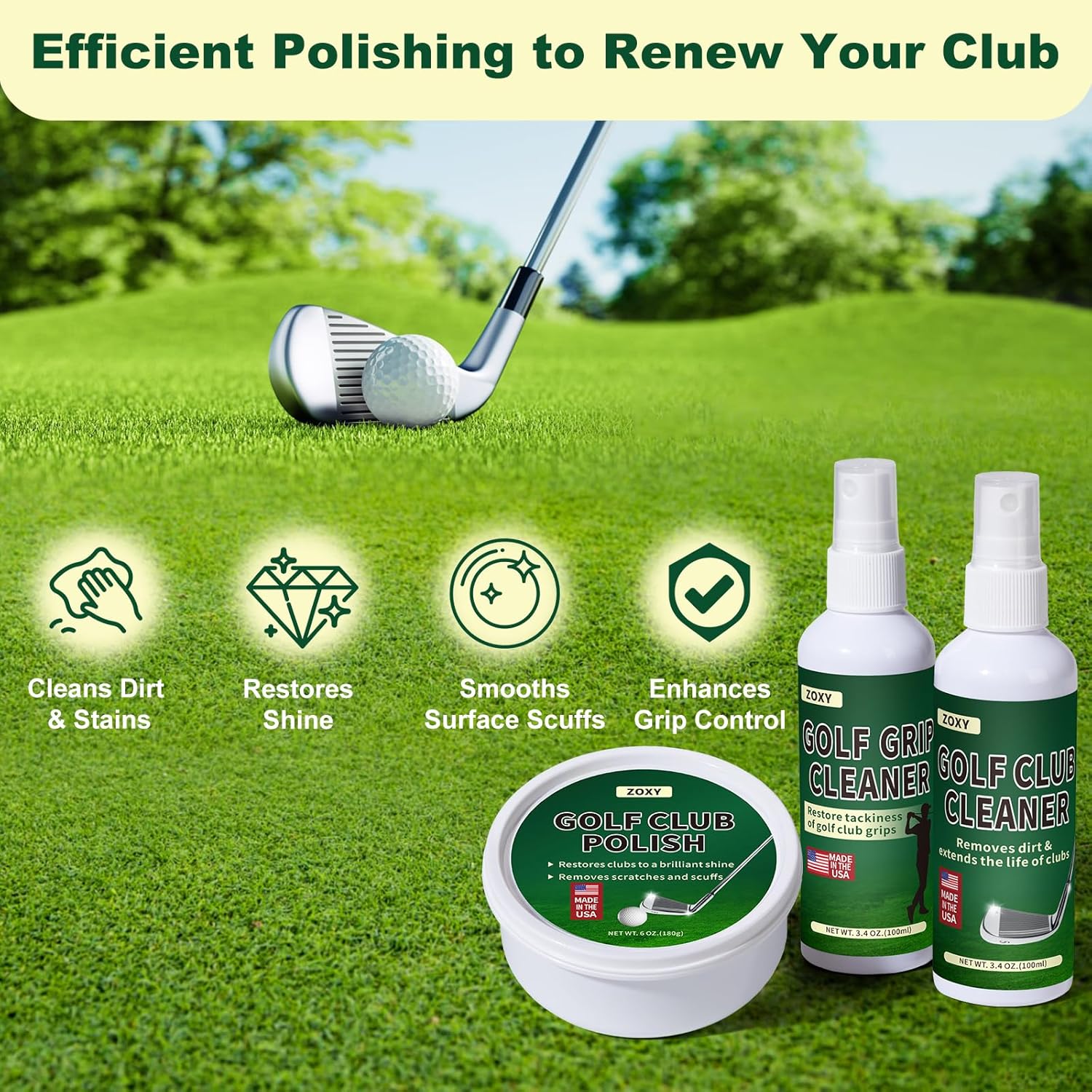 ZOXY Golf Club Cleaning Kit–Clean, Polish, and Restore Irons, Drivers, Putters–Golf Club Polishing Kit with Golf Club Polish, Golf Club Cleaner, Golf Grip Solvent - Image 2