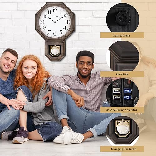 Miniatura 4 de CLXEAST Reloj de pared de péndulo, reloj de pared grande regulador de casa escolar para decoración de sala de estar, plástico acabado de roble gris