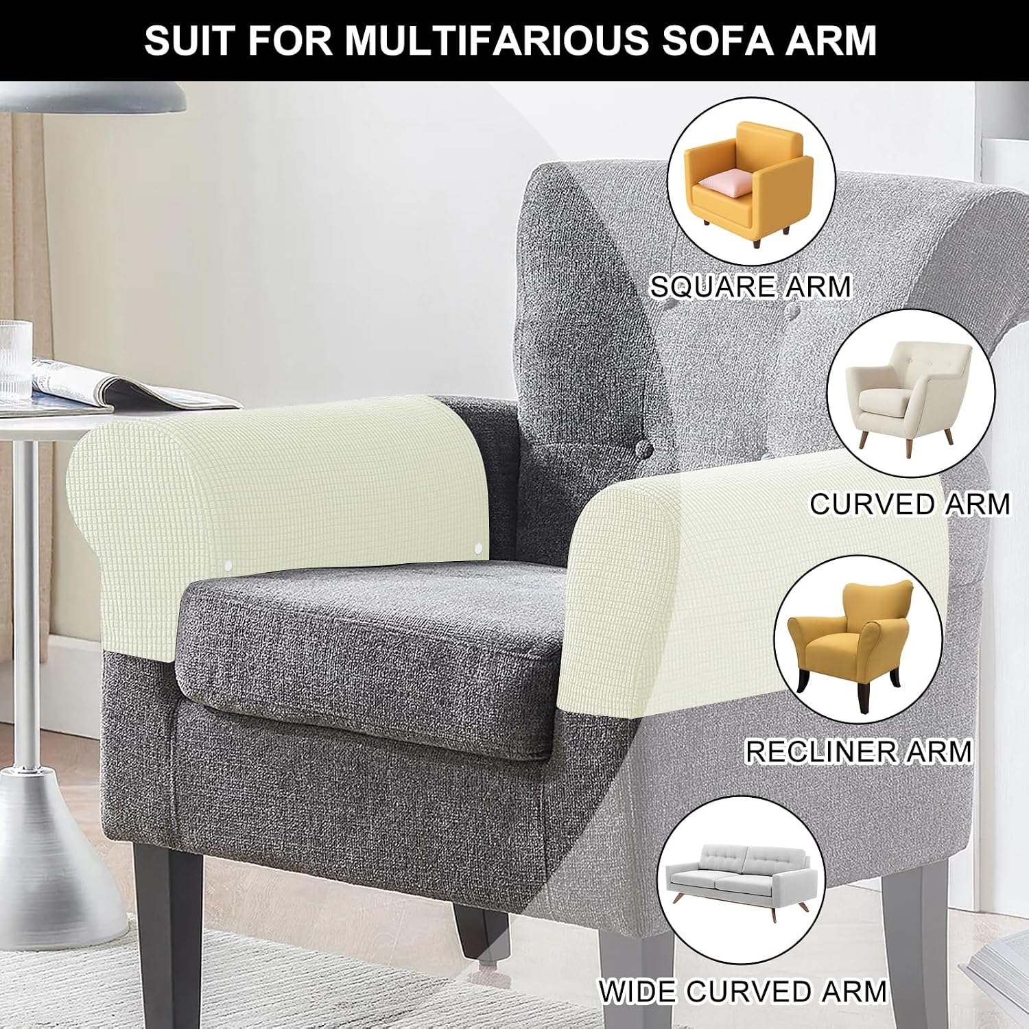 Stretch Armrest Covers Soft Plush Armrest Covers Couch Arm Covers Furniture Protector for Chairs Couch Sofa Armchair Slipcovers for Recliner Sofa with Twist Pins 2pcs(White)