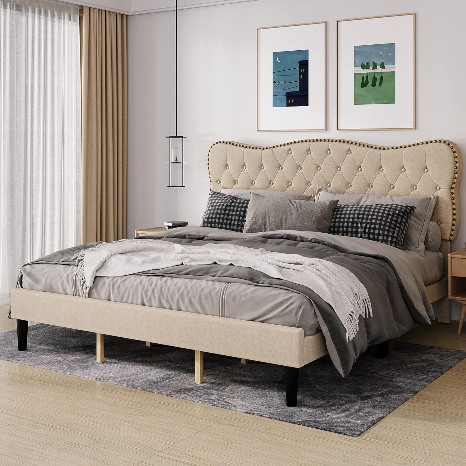 Amazon.com: Assile King Size Bed Frame with Adjustable Headboard, Faux ...