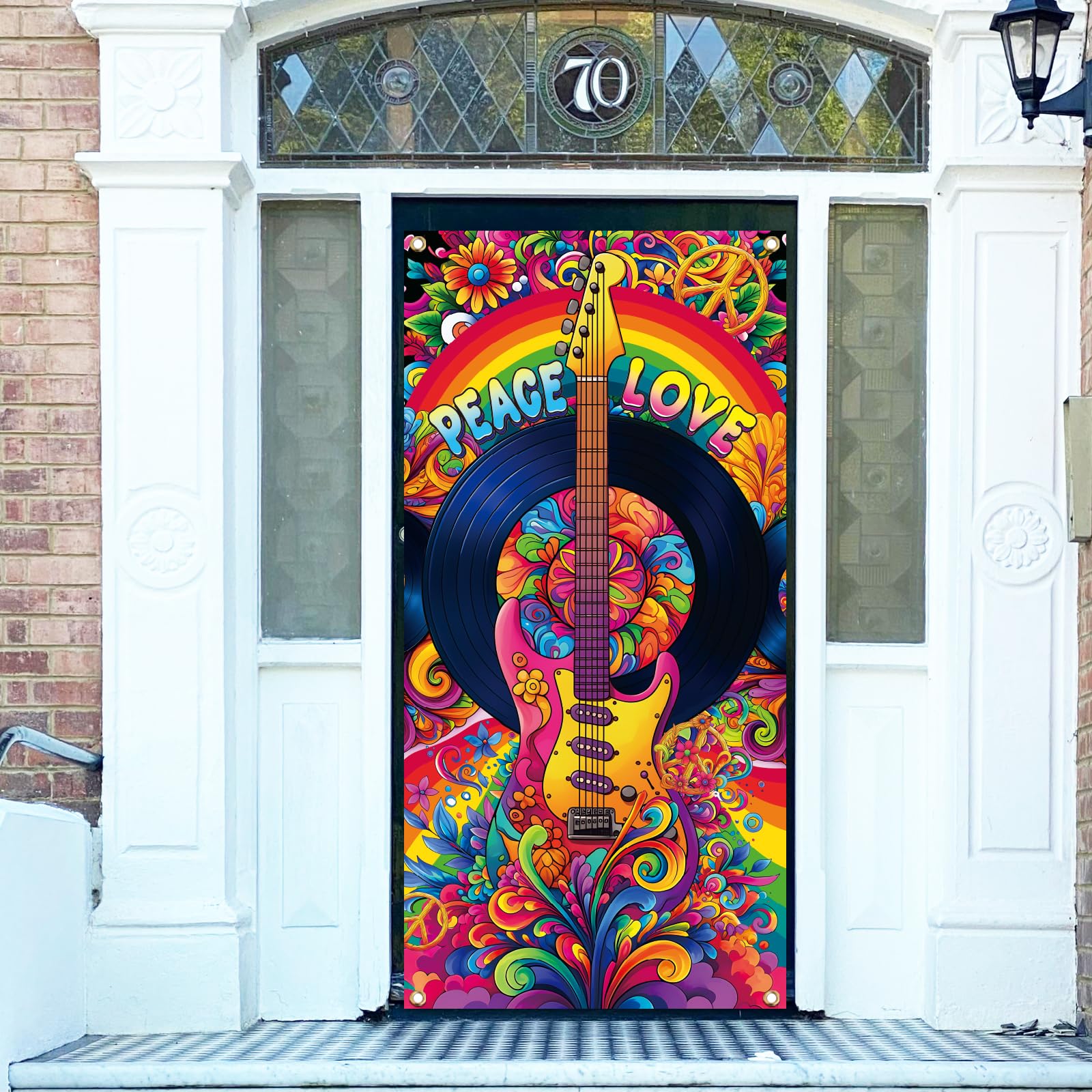 arricraft 1 Pc Retro Boho Style Polyester Door Cover, Peace Love and Guitar Backdrop Banner Door Porch Sign Photography Background for Indoor Outdoor Porch Home Decor Accessories