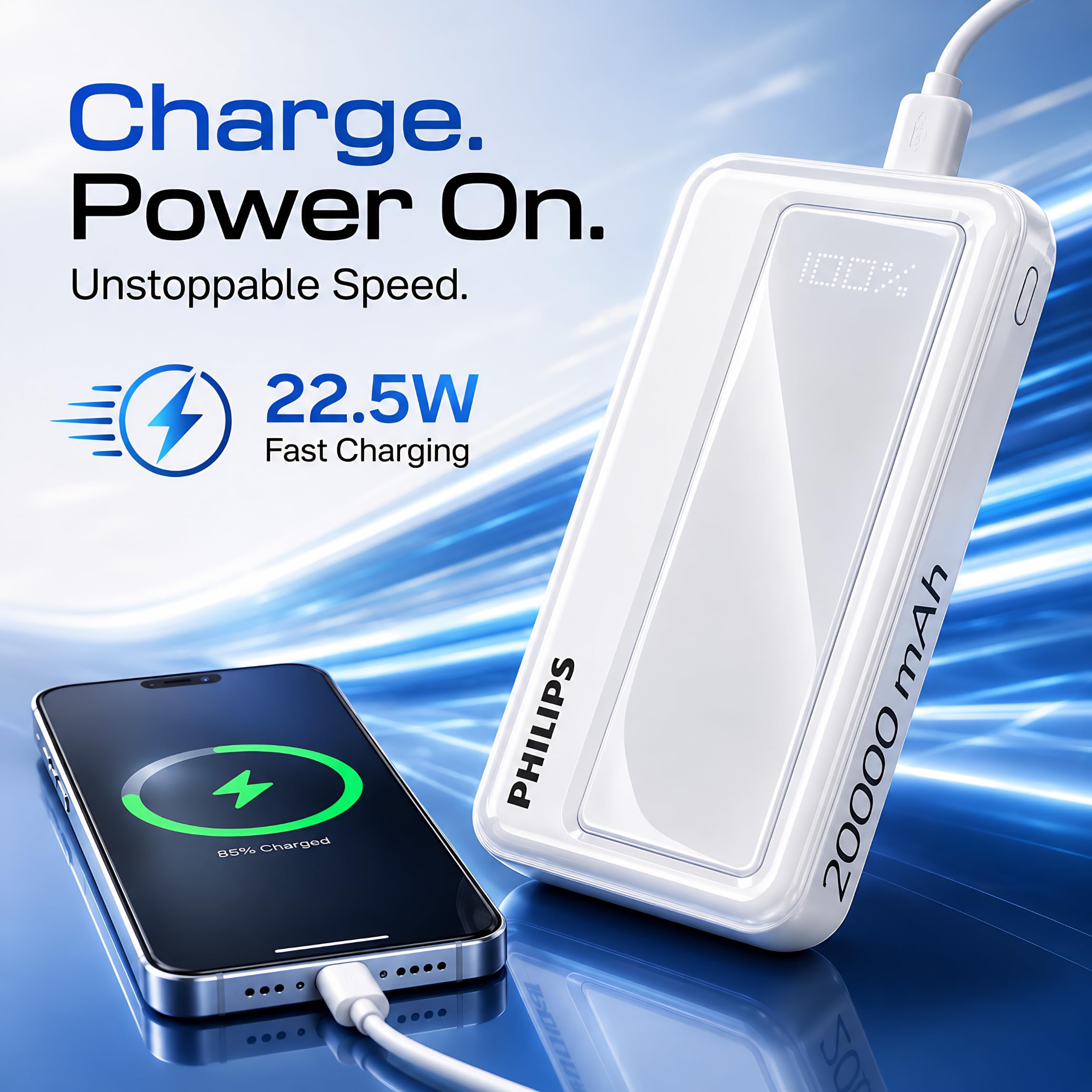 Philips 20000mAh 22.5W Fast Charging Power Bank (Alba White) with Digital LED Display | Type-C & USB-A Input/Output | 3 Output Ports | Lithium Polymer | Portable for Mobile, Tablet & Earbuds — Amazon image 5