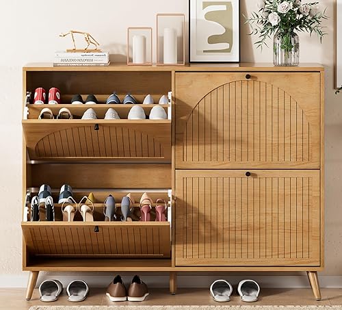 Miniatura 18 de Armario de almacenamiento de zapatos para entrada con 3 cajones abatibles, organizador estrecho de zapatos con panel estriado, armario oculto