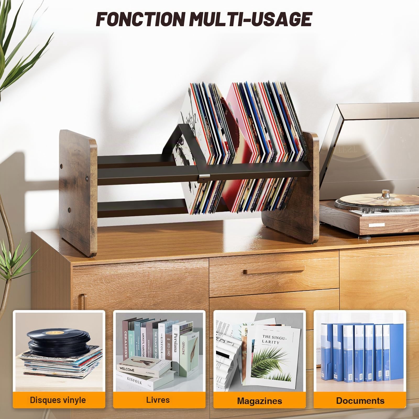 TVON Wooden Rangement Vinyle,Vinyl Storage Stand for 80-100 LPs Records ,Record holder & CD Rack & Albums Displays,Support de rangement pour disques vinyles with Adjustable Divider