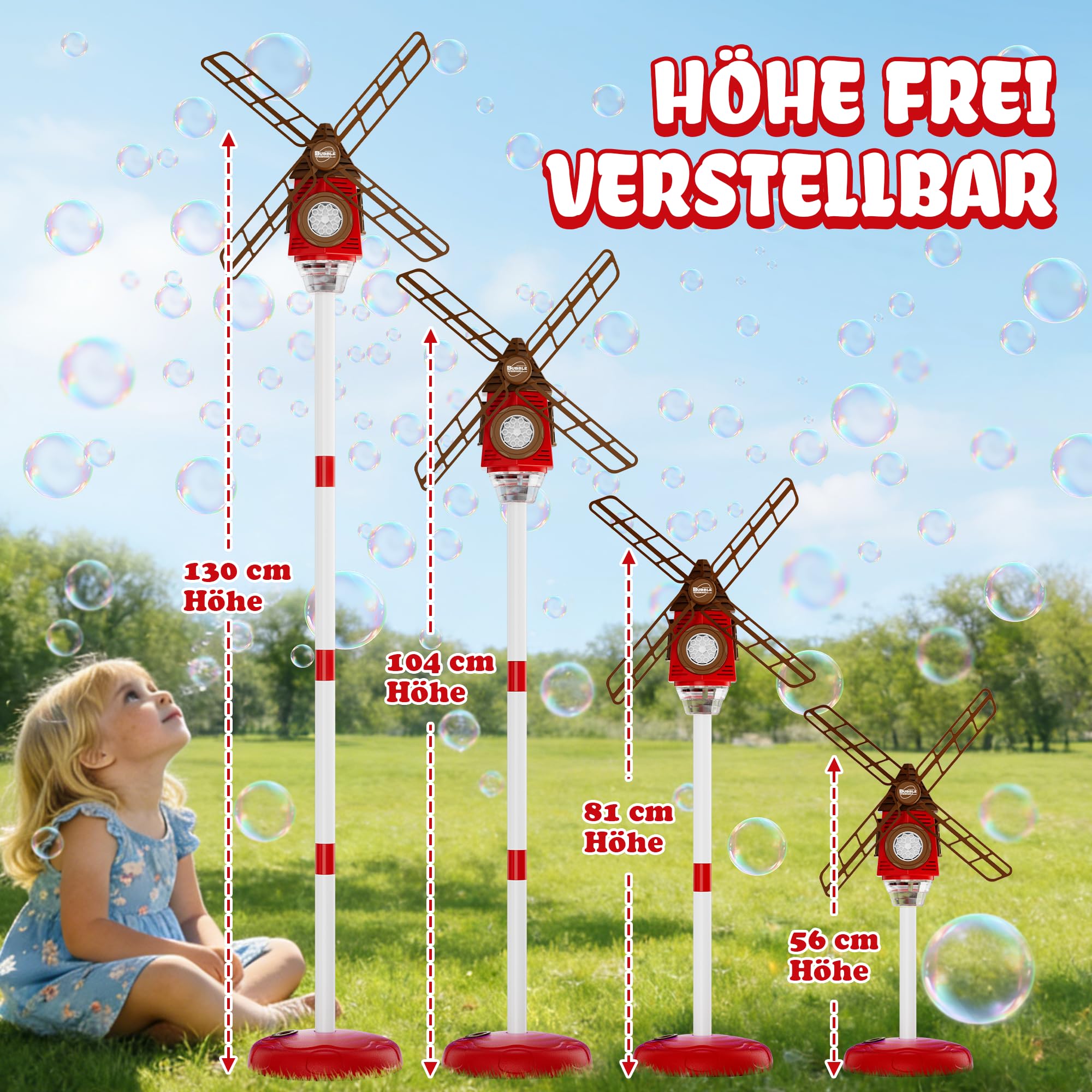 Belemar Windmühlen-Seifenblasenmaschine mit Licht und Musik, bis zu 1,3 m höhenverstellbar, 130-ml-Tank, batteriebetriebene Seifenblasenmaschine für Kinder, Geburtstage, Partys und Garten