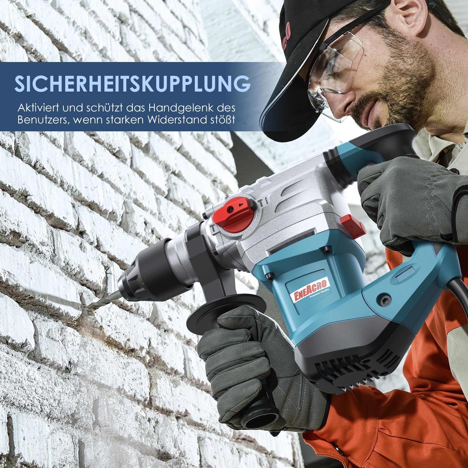 ENEACRO SDS-Plus Marteau Perforateur 1500W, Puissant avec 7 Joules - Conception Sécurisée avec Embrayage et Contrôle Anti-Vibration - 4 Fonctions, Inclus Graisse, Burins, Forêts et Sac à Outils