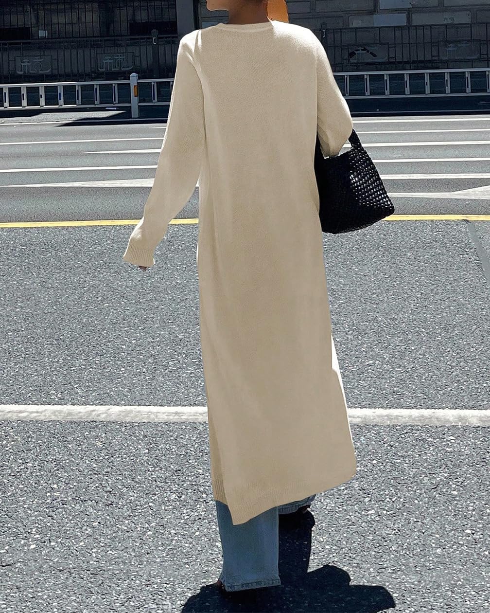 Women Trendy Split Hem Crew Neck Maxi Knit Sweater Casual Loose High Slit Long Sleeve Long Dress Shirt Streetwear - Image 5