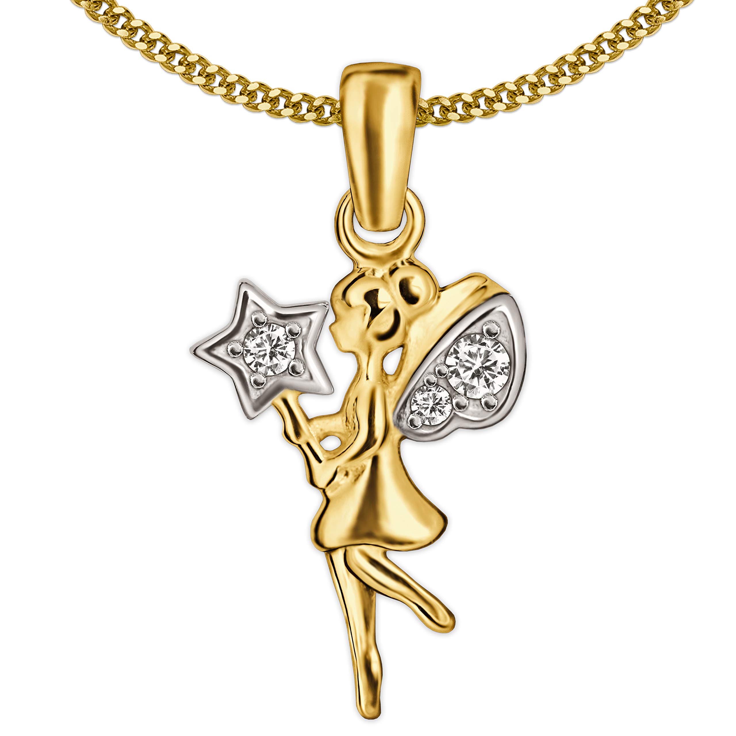 Clever Schmuck Girls' Necklace Elf Angel Wand Pendant 13 mm with 3 Zirconia Gold 333 8 Carat and Gold-Plated Curb Chain 42 cm in Case White