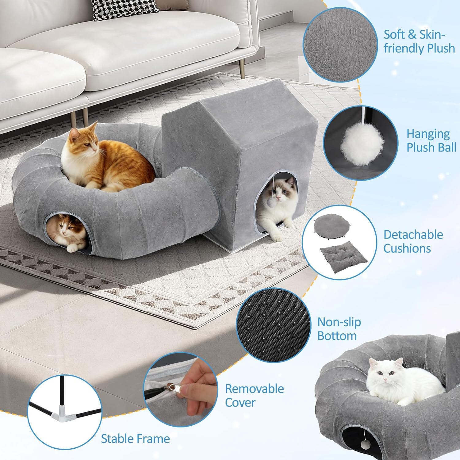 Pawaboo Cat Tunnel Bed for Indoor Cats, Cute Cat Donut Tunnel with Square House, Peekaboo Pet Cave Play Tunnels with Cave for Kitten/Rabbit, Dark Gray
