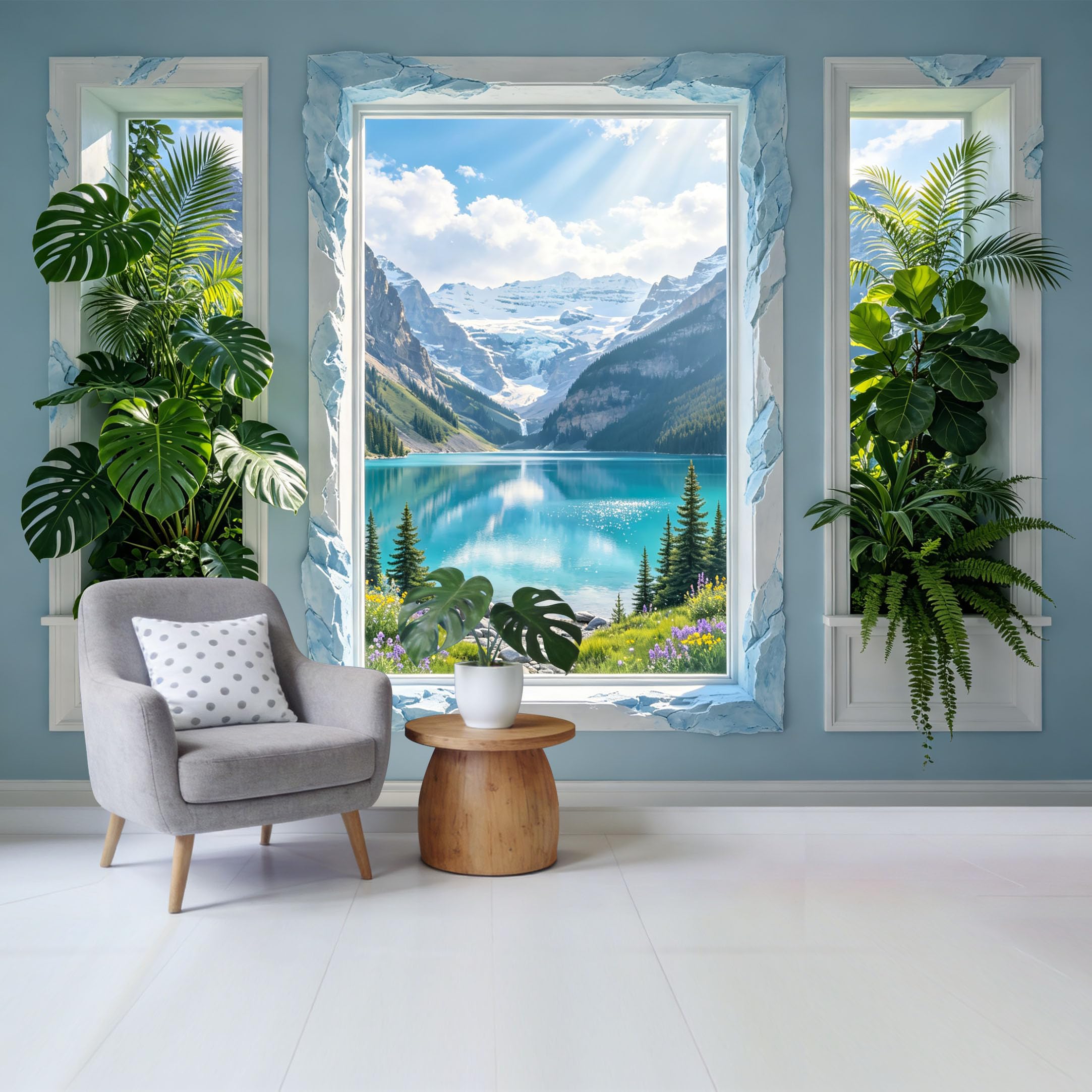 Removable Self Adhesive Fabric Mural， 3D Window View Mountain Lake Alpine Tropical Botanical Custom Size Wall Covering， UV Protected Waterproof Washable Wall Decor for Living Room Bedroom