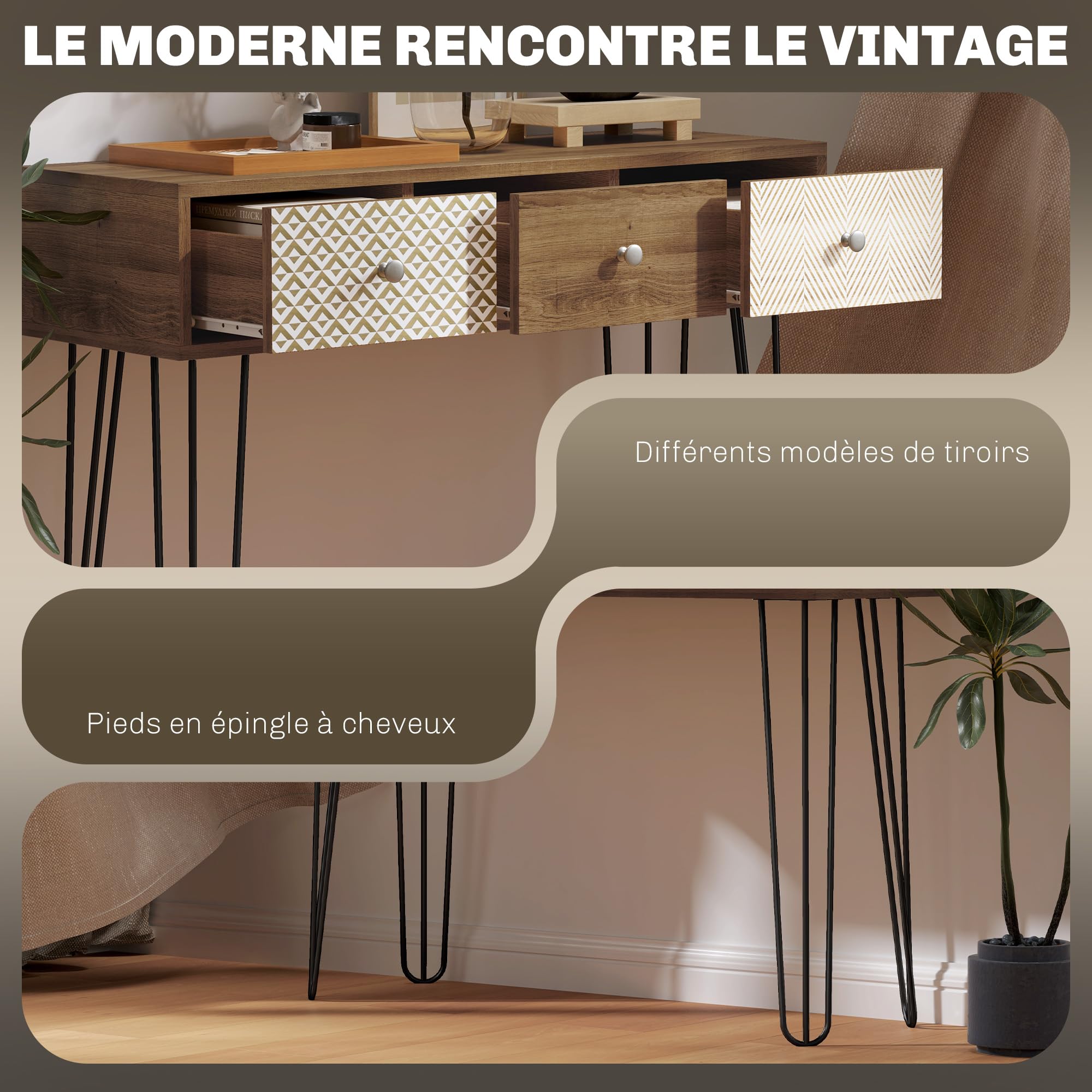 HOMCOM Console Meuble Entrée Style Nordique 3 Tiroirs Pieds Acier Marron