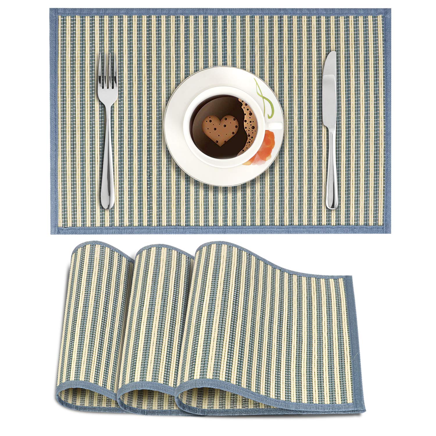 HOKIPO Reversible Bamboo Placemats Set of 4 Table Mats, 45x30 cm, Blue (AR2814)