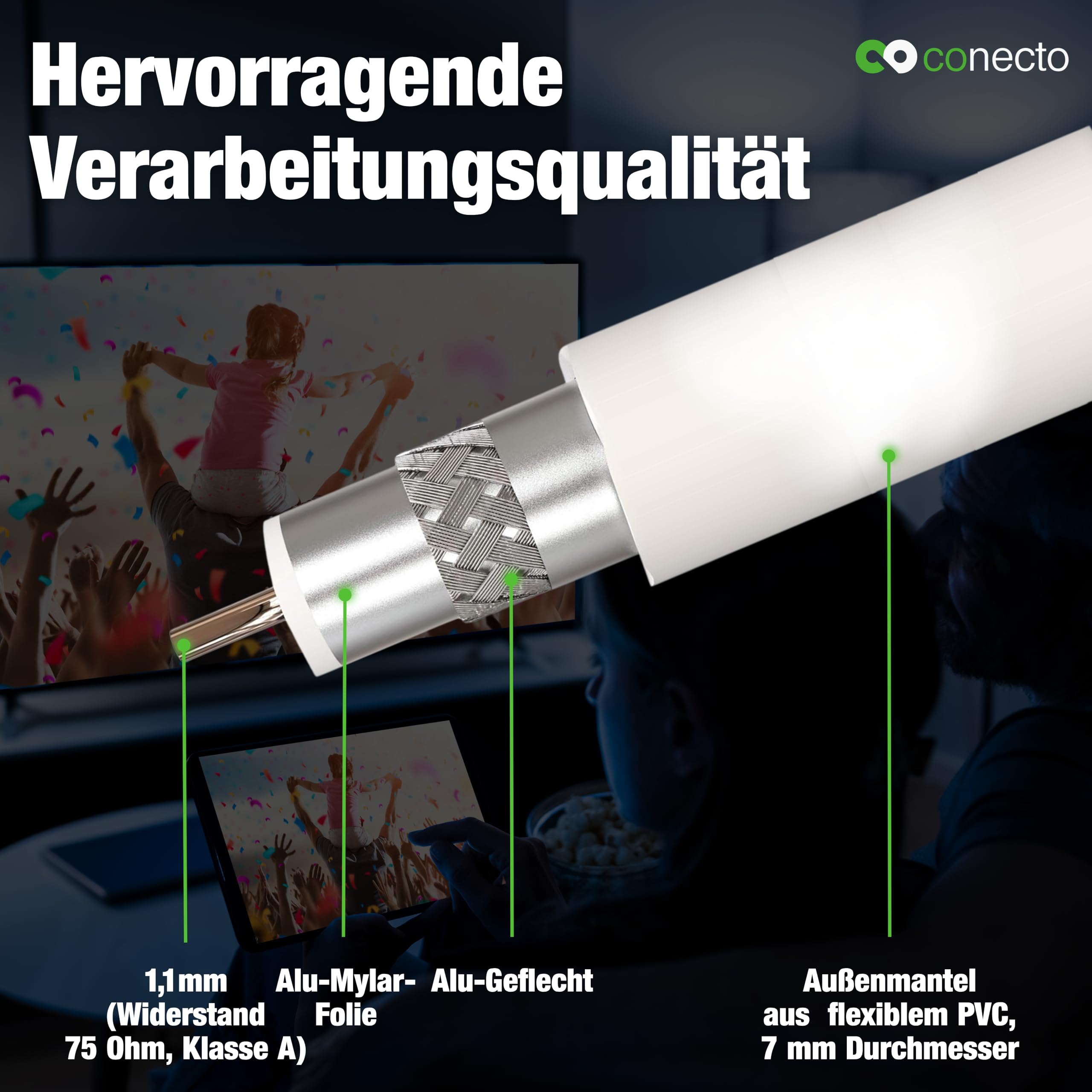 conecto Kabel antenowy SAT, kabel koncentryczny - wtyczka do wtyczki, biały, 5,00 m