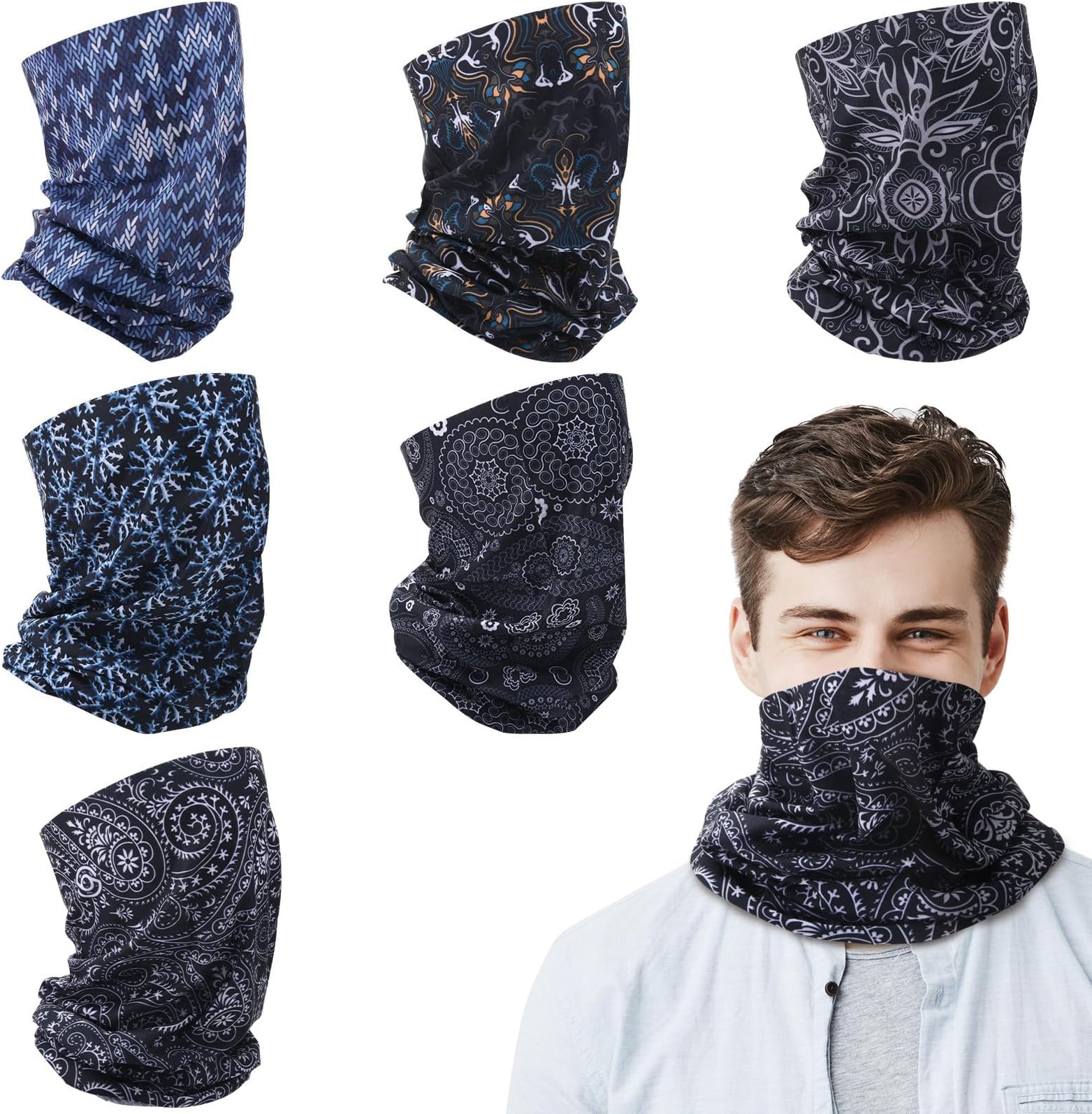 6PCS Headwear Bandana for Men Face Masks Snoods Washable Face Coverings Neck Scarf Headscarf,Men Windproof Neck Gaiter Scarf for Sports Outdoor Fishing Cycling