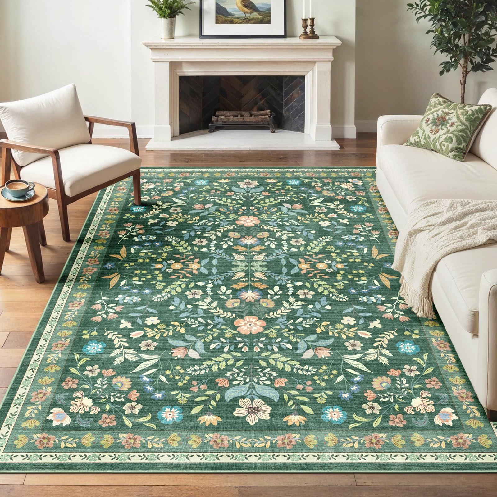 YINGSHANRED Green 5x8 Floral Rug Washable Area Rug, Non-Slip Living Room Carpet Rugs for Bedroom Low Pile Faux-Wool Stain Resistant Machine Washable