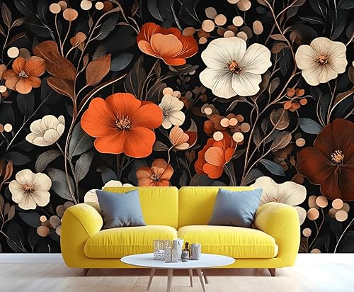 Mural de pared floral vintage, mural de pared 3D floral de acuarela, papel tapiz de flores rojas y beige, para sala de estar, dormitorio, papel