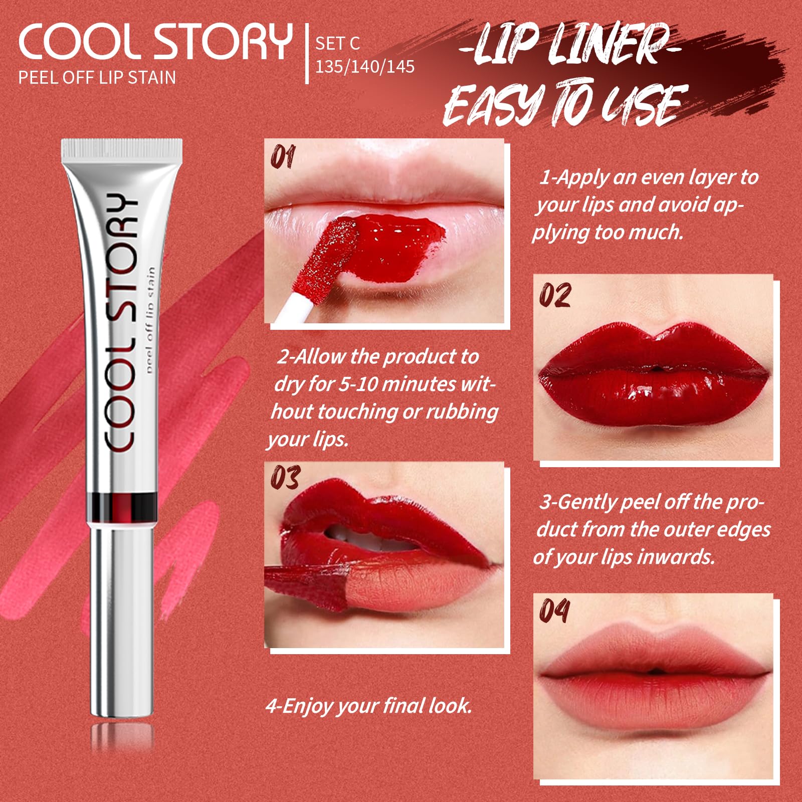 3PCS Peel Off Lip Stain Lip Tint Set, Matte Lipstick & Lip Liner, Waterproof Long Lasting Peel Off Lip Gloss - Image 3