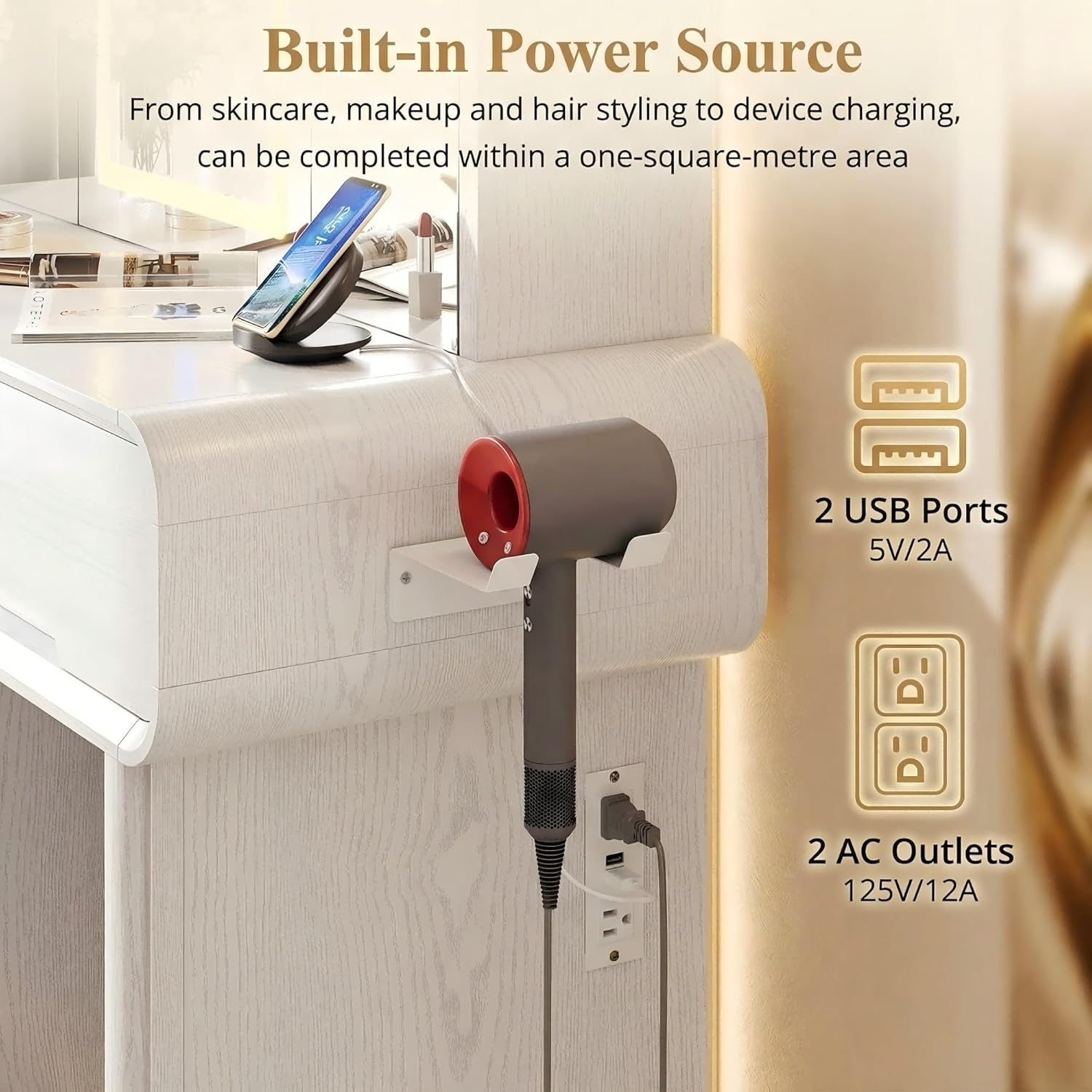 IRONCK Vanity Makeup Desk with 3-Sided Foldable LED Mirror, Create Your Glam Space with 9 Secret Storage Shelves, Built-in Charging, White Elegant Curved Dressing Table