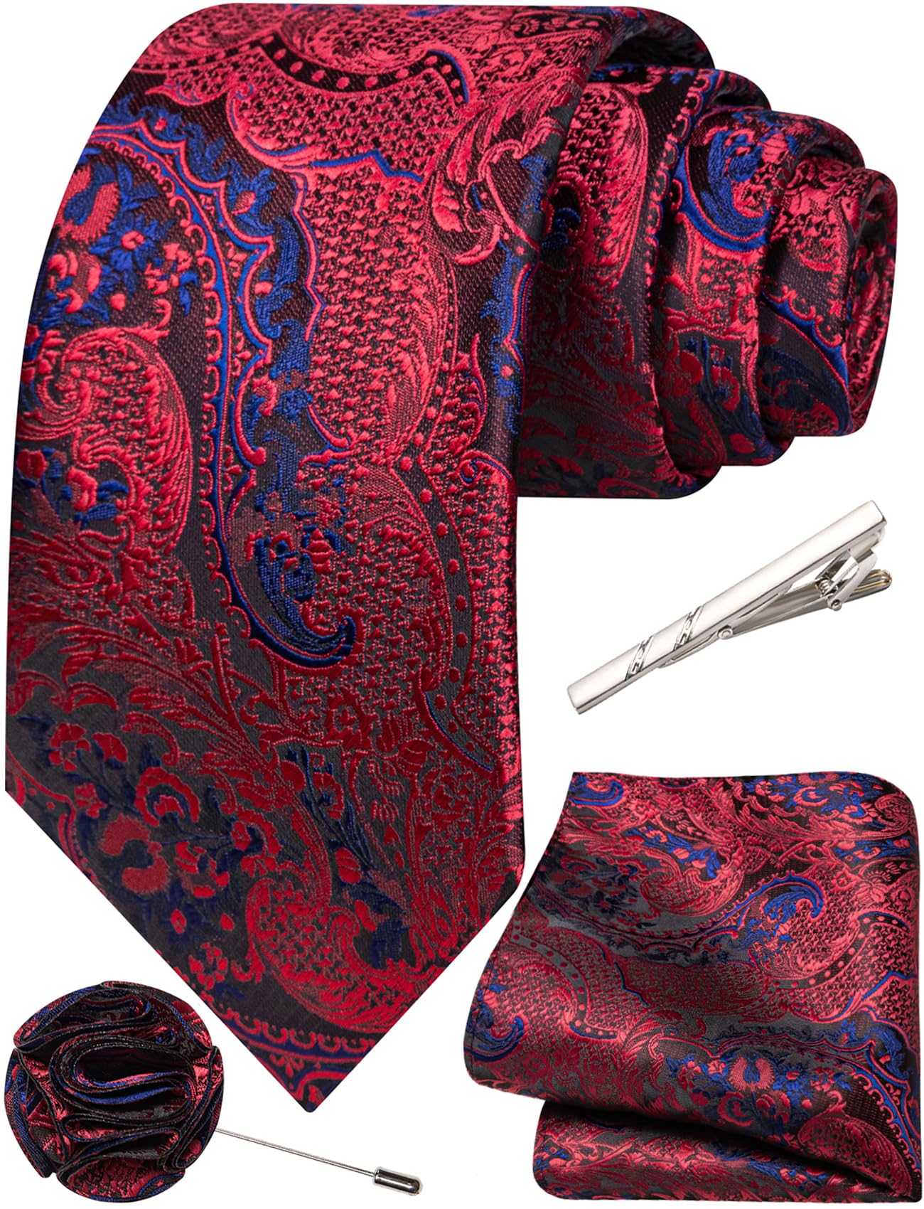 Unique Paisley Ties for Men Silk Neck Tie and Pocket Square Set with Tie Clip Lapel Pin Wedding Formal