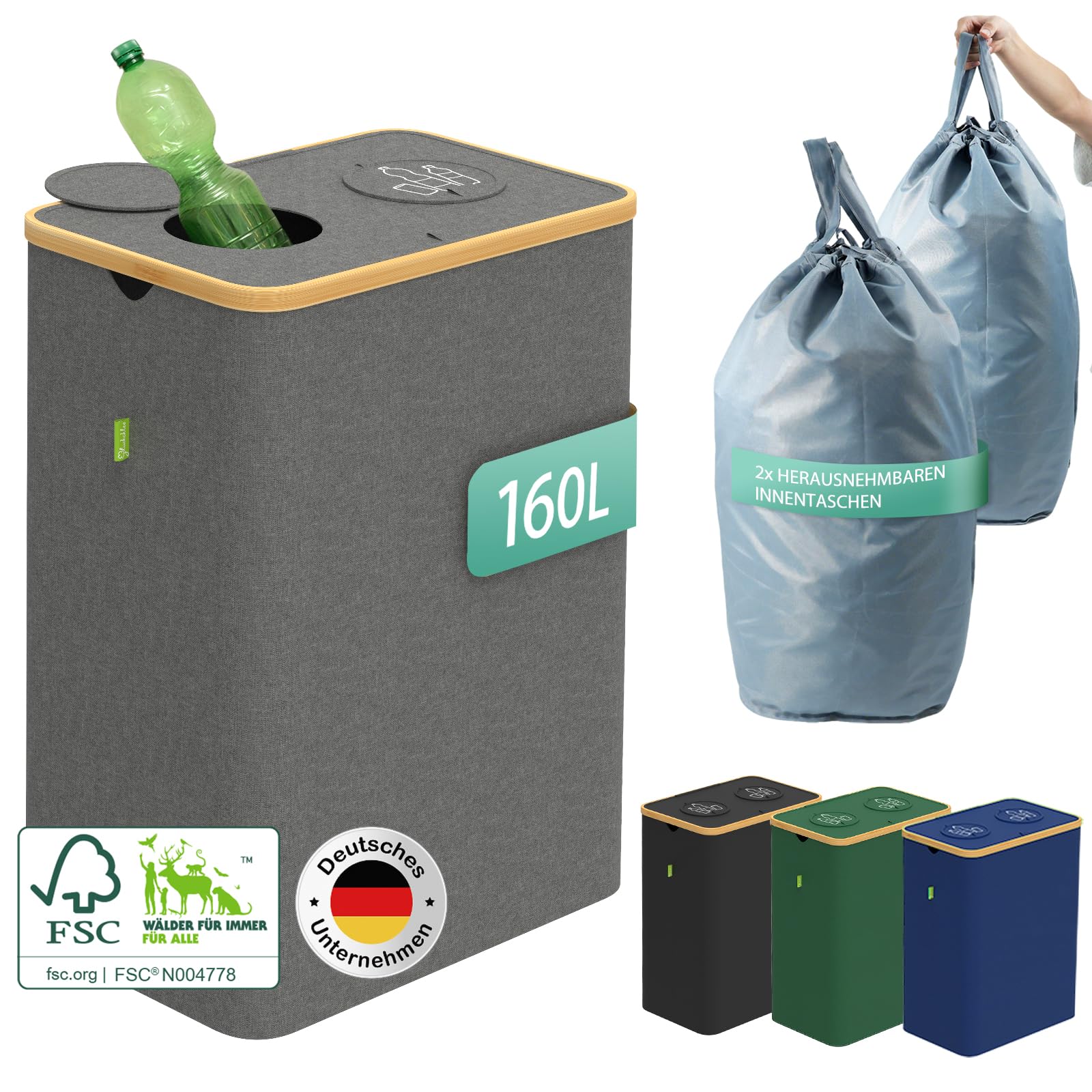 Glücksklee Pfandflaschen Sammelbehälter 160L mit zwei Fächern und FSC-zertifiziertem Bambus