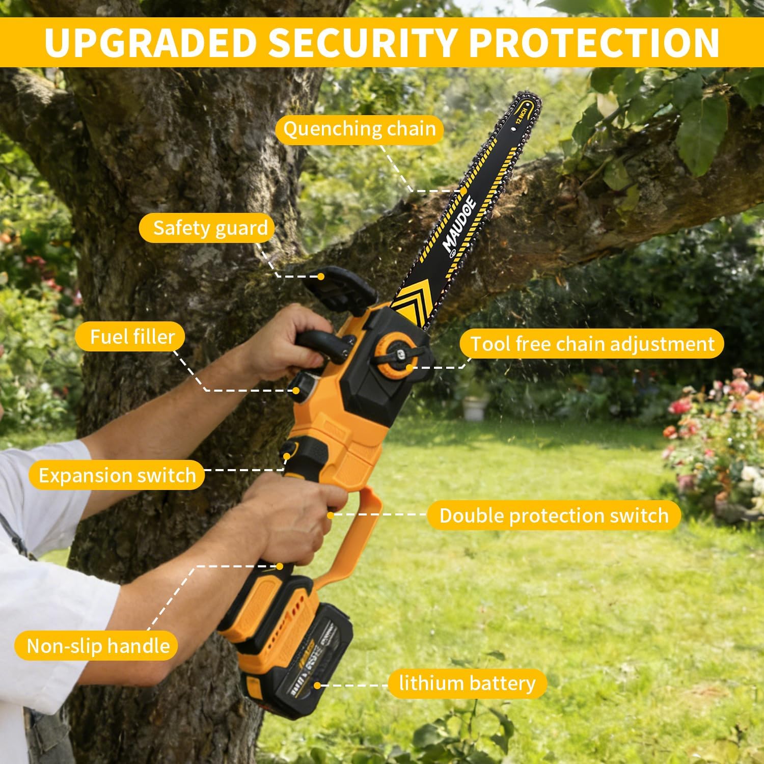 12" Telescoping Codless Chainsaw, 2-in-1 Cordles Pole Saw with 2 x 4.0Ah Batteries, 21V Brushless ChainSaw with 2 Chains & 2 Guide Plates, Tool-Free Tension, for Tree Trimming & Branch Cutting