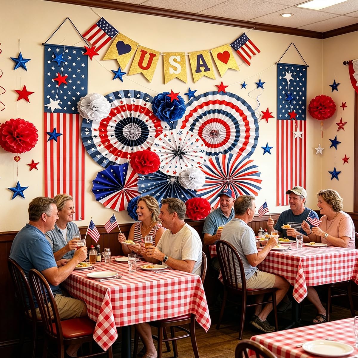 4th of July Patriotic Decorations Set Celebrate with Red, White & Blue Paper Fans, USA Banner for 250th Anniversary Day American Flag Porch Sign for Outdoor Indoor