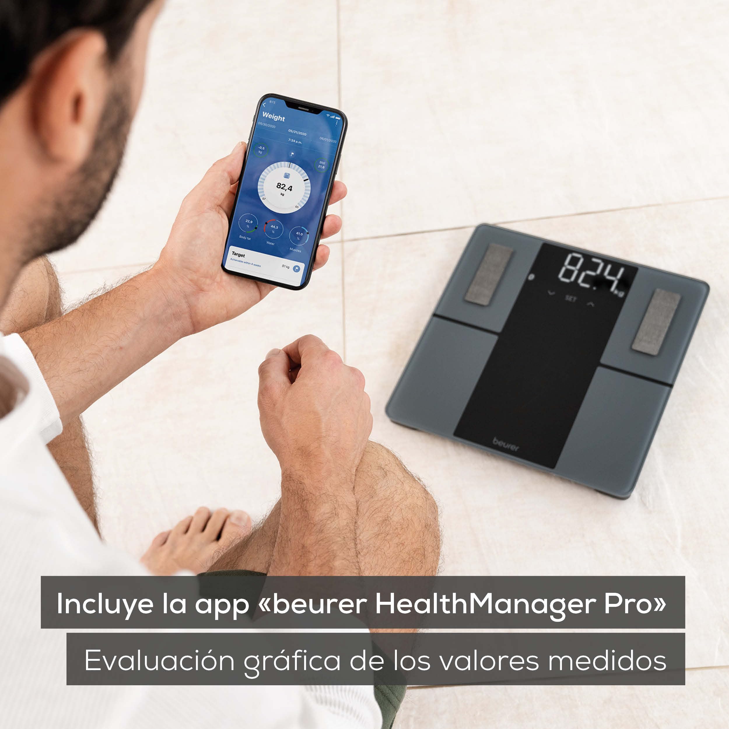 Beurer BF 500 báscula de baño digital con Bluetooth y aplicación, con medición de grasa corporal, porcentaje muscular, necesidad calórica, etc. transferencia de datos a Apple Health y otros