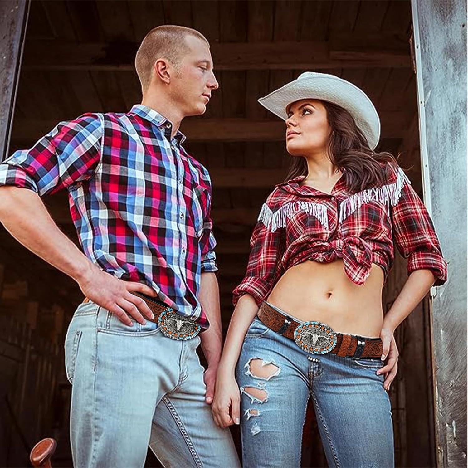 Western Cowboy Genuine Leather Belt, Floral Pattern Engraved Longhorn Bull Buckle Belts - Image 4