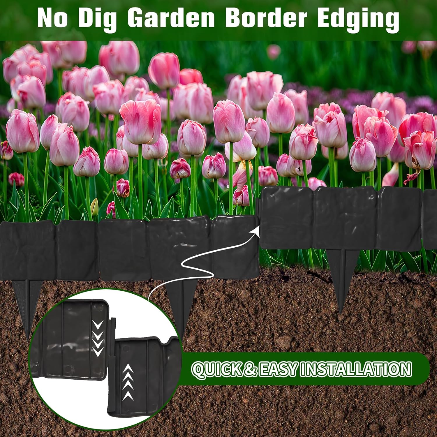 Garden Landscape Edging Borders No Dig,16 ft Lawn Edging for Landscaping,Plastic Fencing Lawn Border,Imitation Stone Fence for DIY Outdoor Patio Balcony Yard Landscaping (20pcs, Black)
