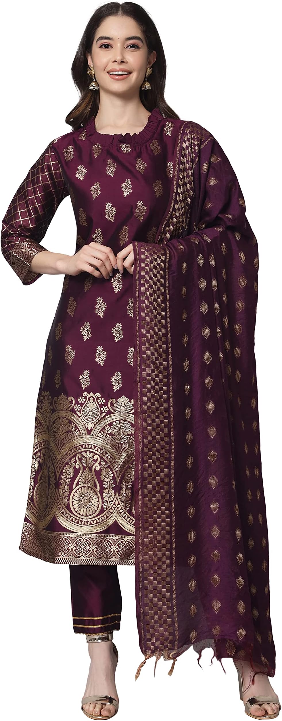 VredeVogelWomen's Cotton Silk Jacquard Kurta Pant with Dupatta Set