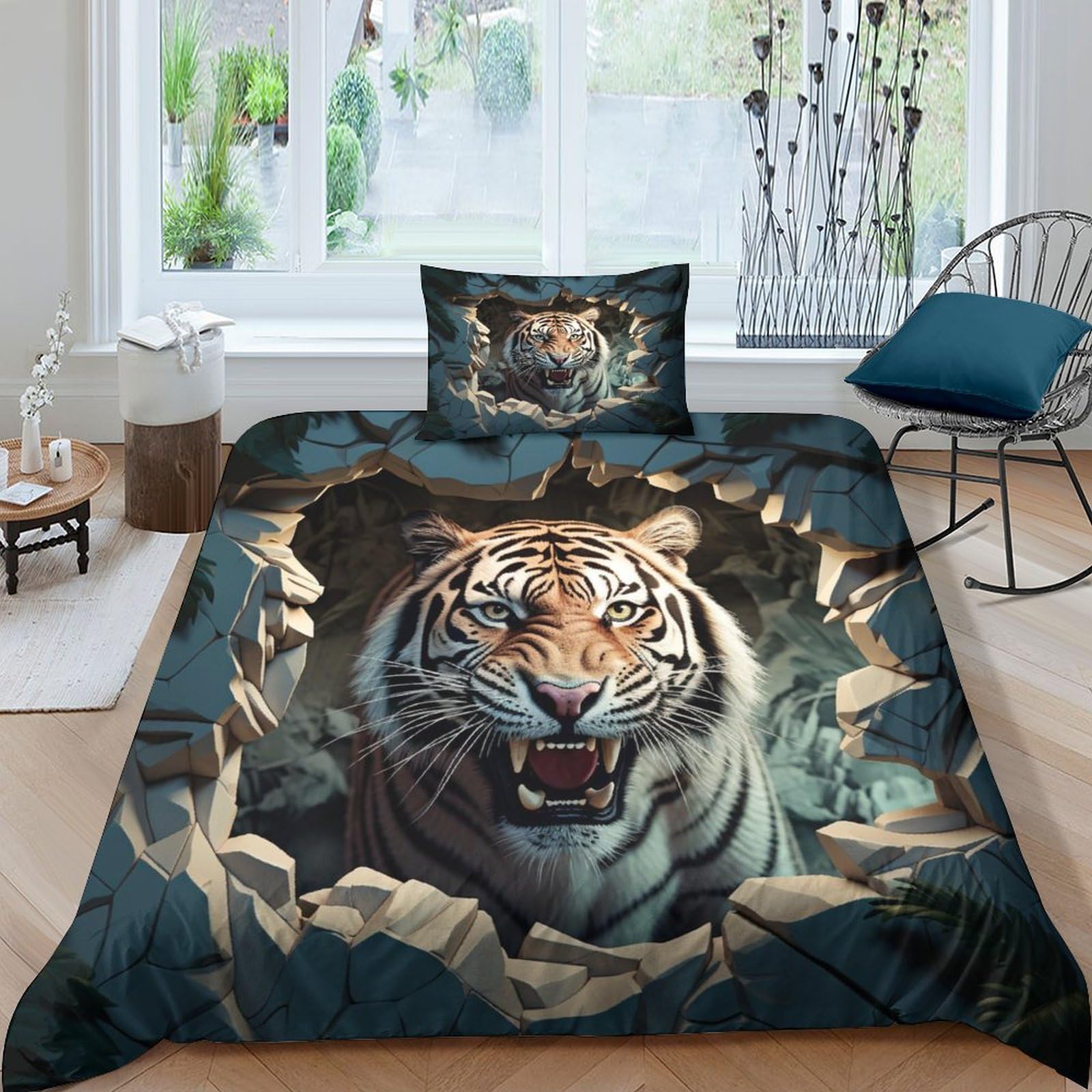 Housse de couette tigre effet 3D parure microfibre avec fermeture éclair pratique