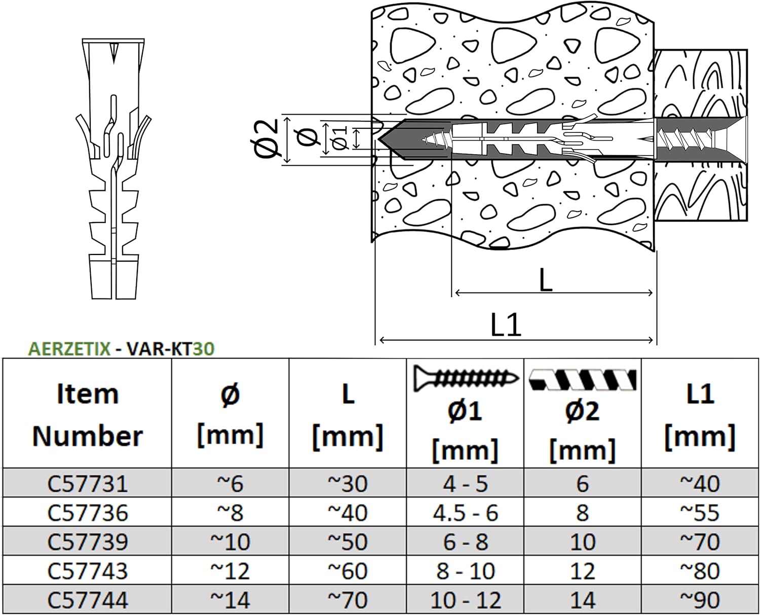 AERZETIX - C57731 - Set of 50 dowels with universal collar Ø6x30mm - plastic - for fixing on concrete brick concrete block
