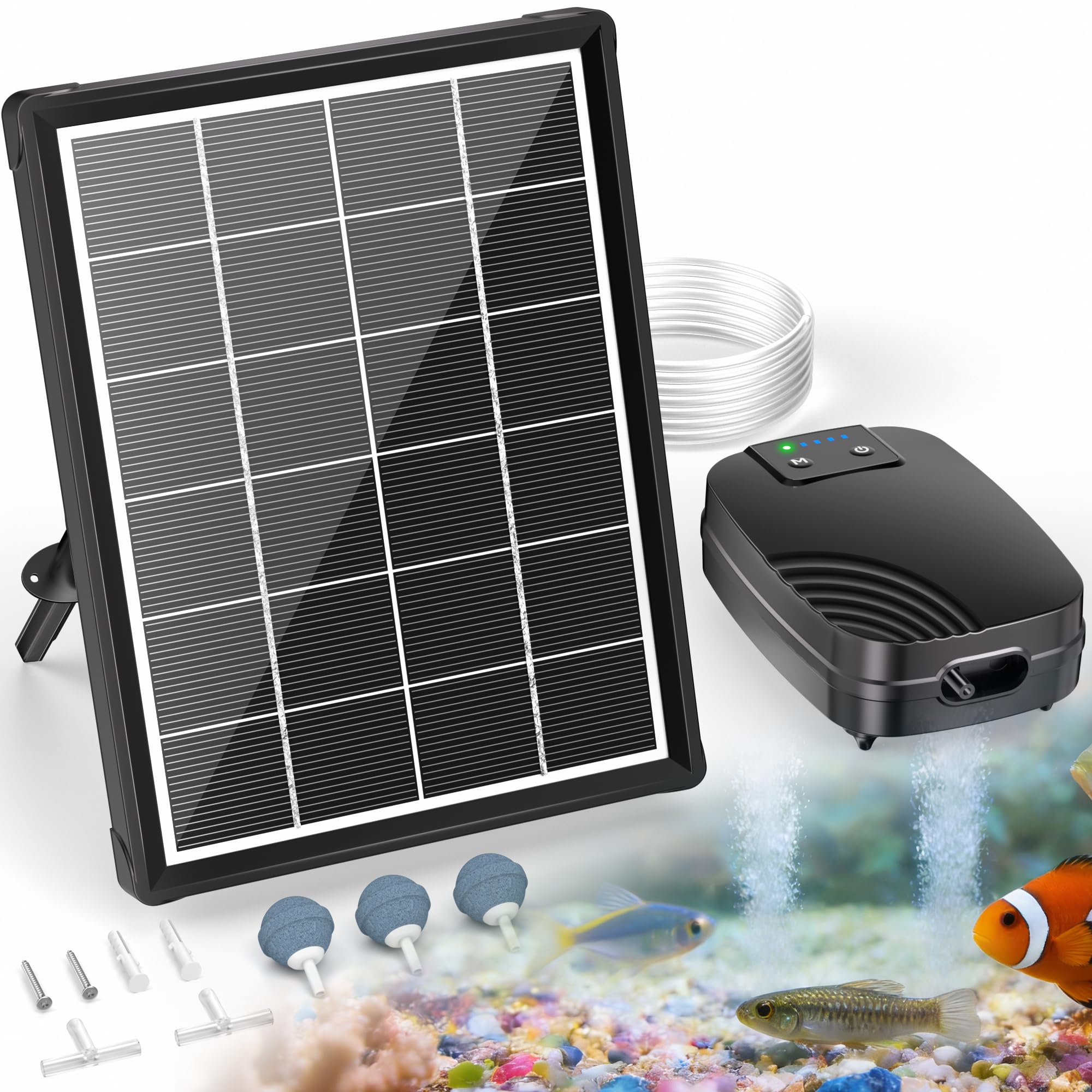 POPOSOAP 4W Solar Pond Aerator, Solar Air Pump for Pond with 2200 mAh Battery Backup, 3 Modes & Separated Solar Panel for Small Outdoor Pond Fish Tank Hydroponics - 1
