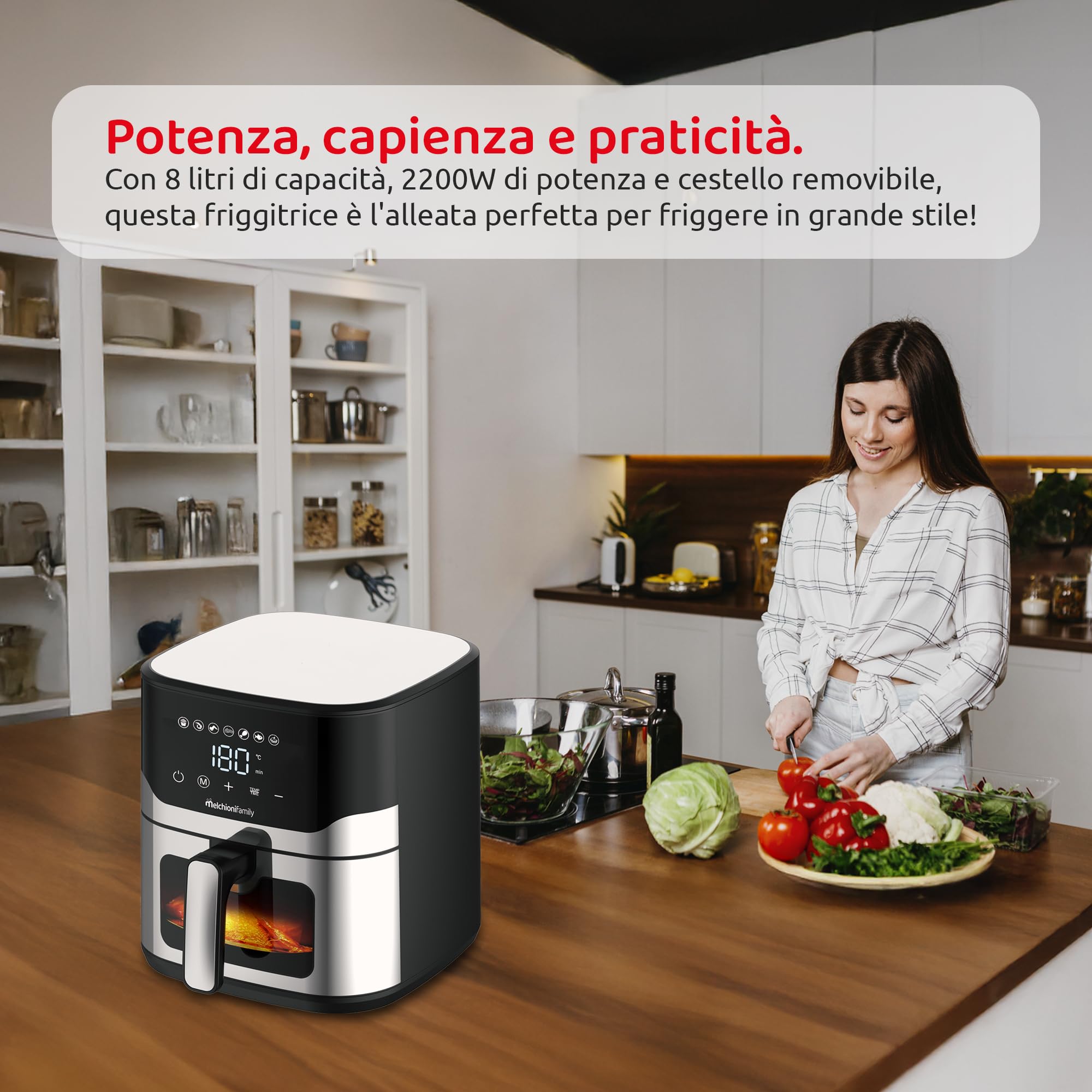 Melchioni Family | MATILDE Friggitrice ad Aria 8L 2200W di Potenza, Cestello Removibile con Maniglia, Griglia Separagrassi, Timer 60 Min, Cottura Light con -80% di Grassi