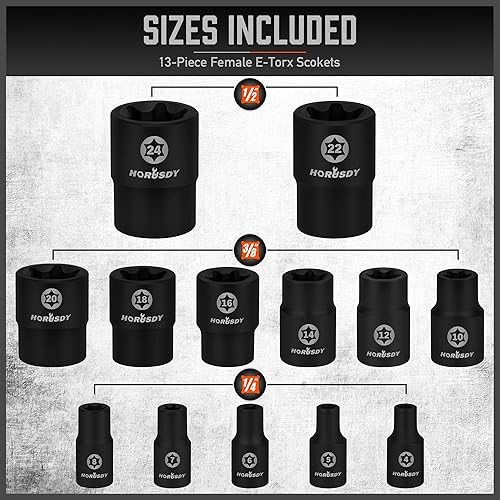 Miniatura 13 de HORUSDY Juego de 31 llaves de vaso Torx, 14 puntas de estrella (T8-T70) y 12 enchufes E-Torx hembra (E4-E24), 4 adaptadores de impacto con láser