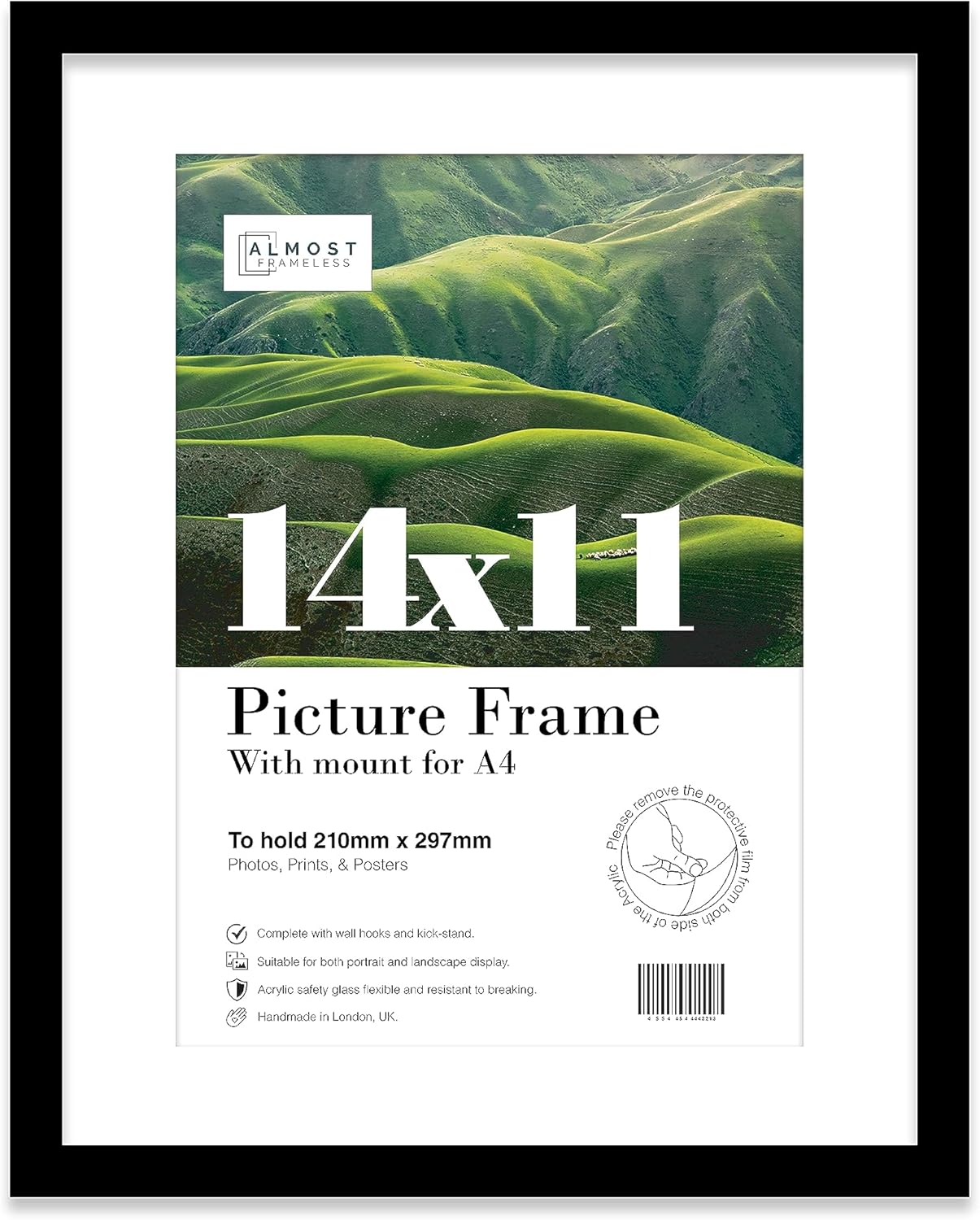 Almost Frameless 14x11 Black Picture Frame With Mount for A4 Print