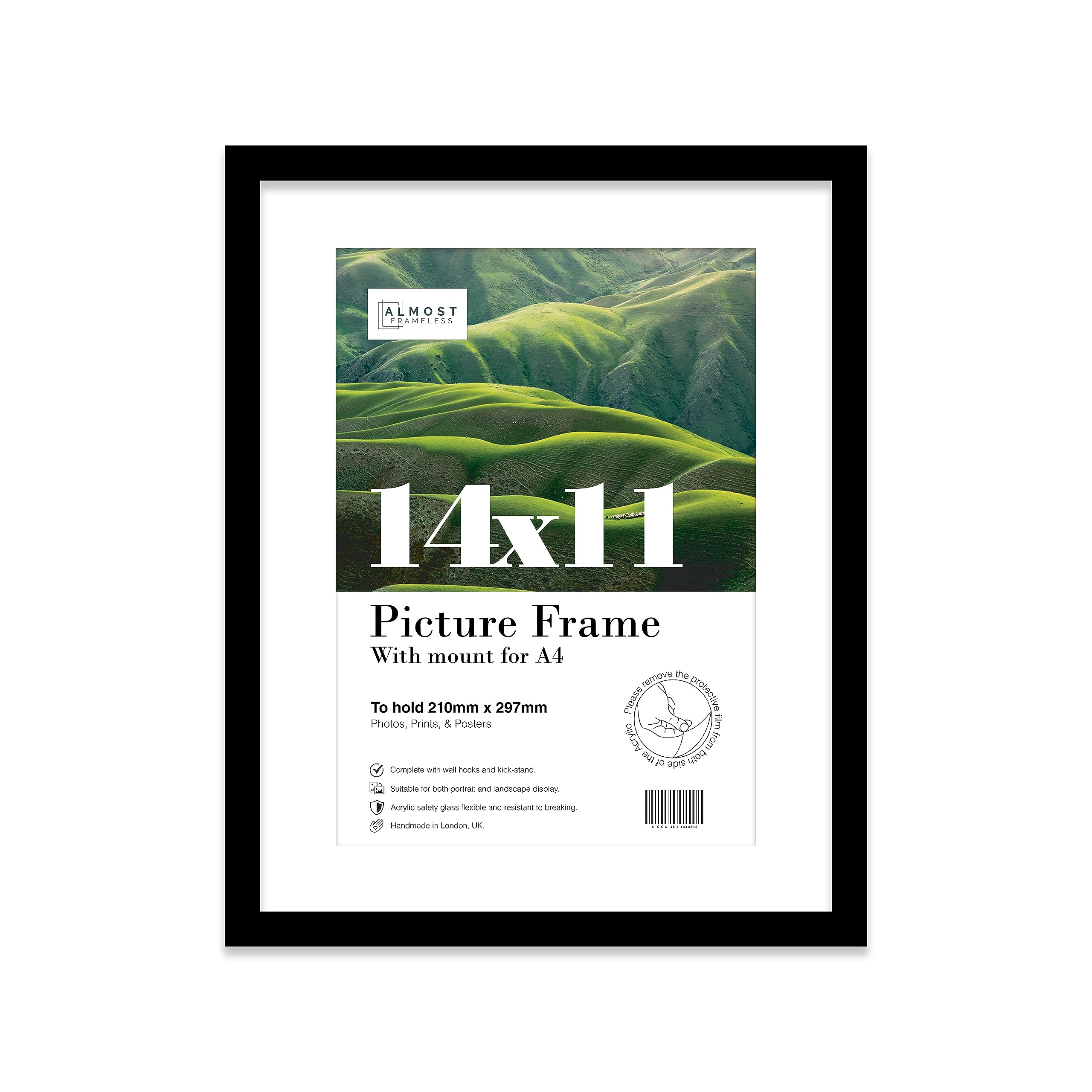 Almost Frameless 14x11 Black Picture Frame With Mount for A4 Print, Poster or Photo Poster, Photo, Artwork, or Print. Thin Edge Slim Frame Portrait and Landscape Display with Wall Hooks