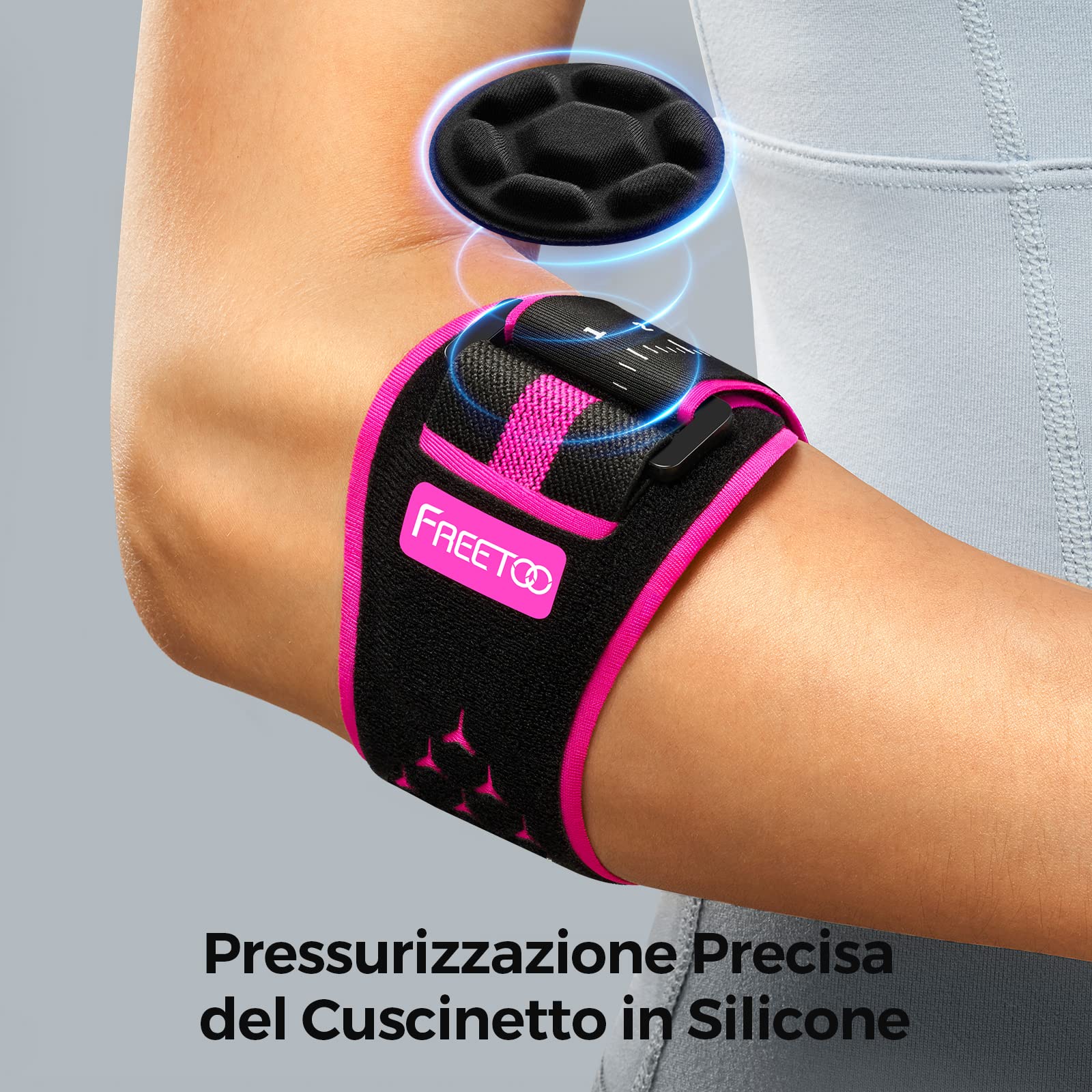 FREETOO Tutore Epicondilite Gomito per Tennista, Comodo Tutore Gomito con Gomitiera Rimovibili per Alleviare la Tendinite e Artrite, Fascia Gomito Palestra Regolabile per Uomo e Donne, Rosa