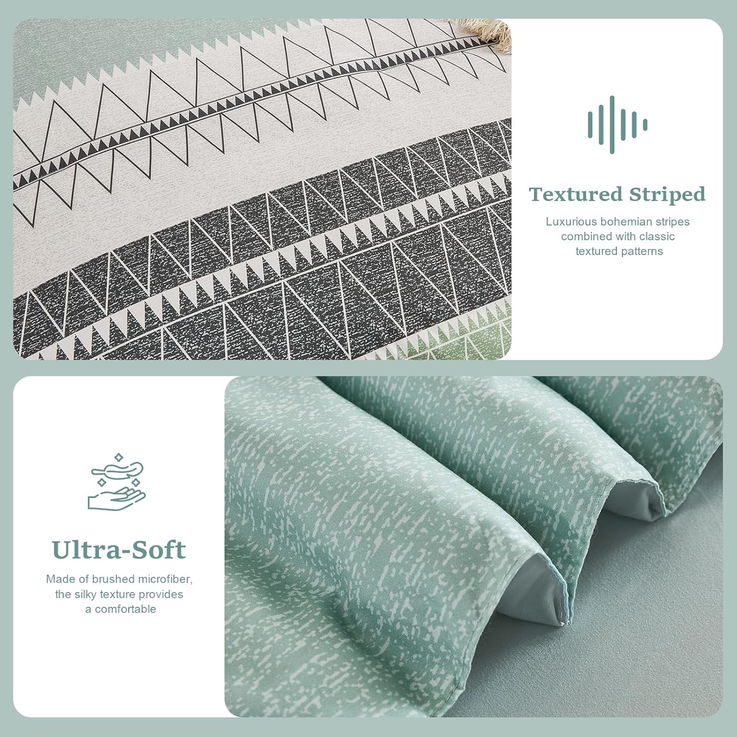 WONGS BEDDING Queen Comforter Set-Sage Green Comforter, Reversible Boho Striped Bedding Set for Queen Bed - 3 Pieces (1 Comforter + 2 Pillowcases), Soft Microfiber Down Alternative (90"x 90") - Image 5