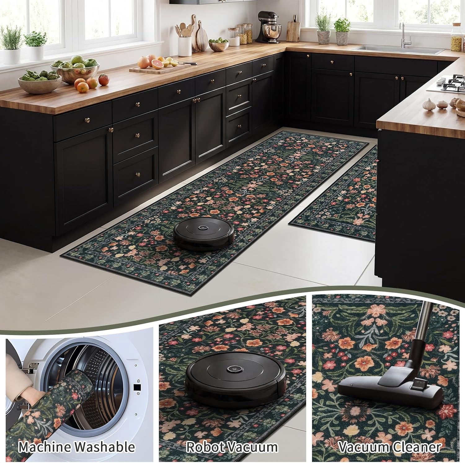 Homcomoda Kitchen Rugs Sets of 2, 24"x36"+24"x71" Extended & Widened Non-Slip Runner Rugs, Washable Low-Pile Vintage Floral Kitchen Mat for Entryway Bathroom Hallway Laundry Room, Balck