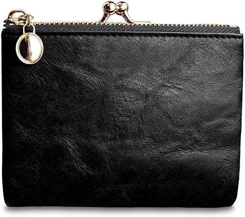 Miniatura 3 de Cartera para mujer pequeña plegable Rfid Mini monedero vintage con cremallera y cierre de beso (negro)