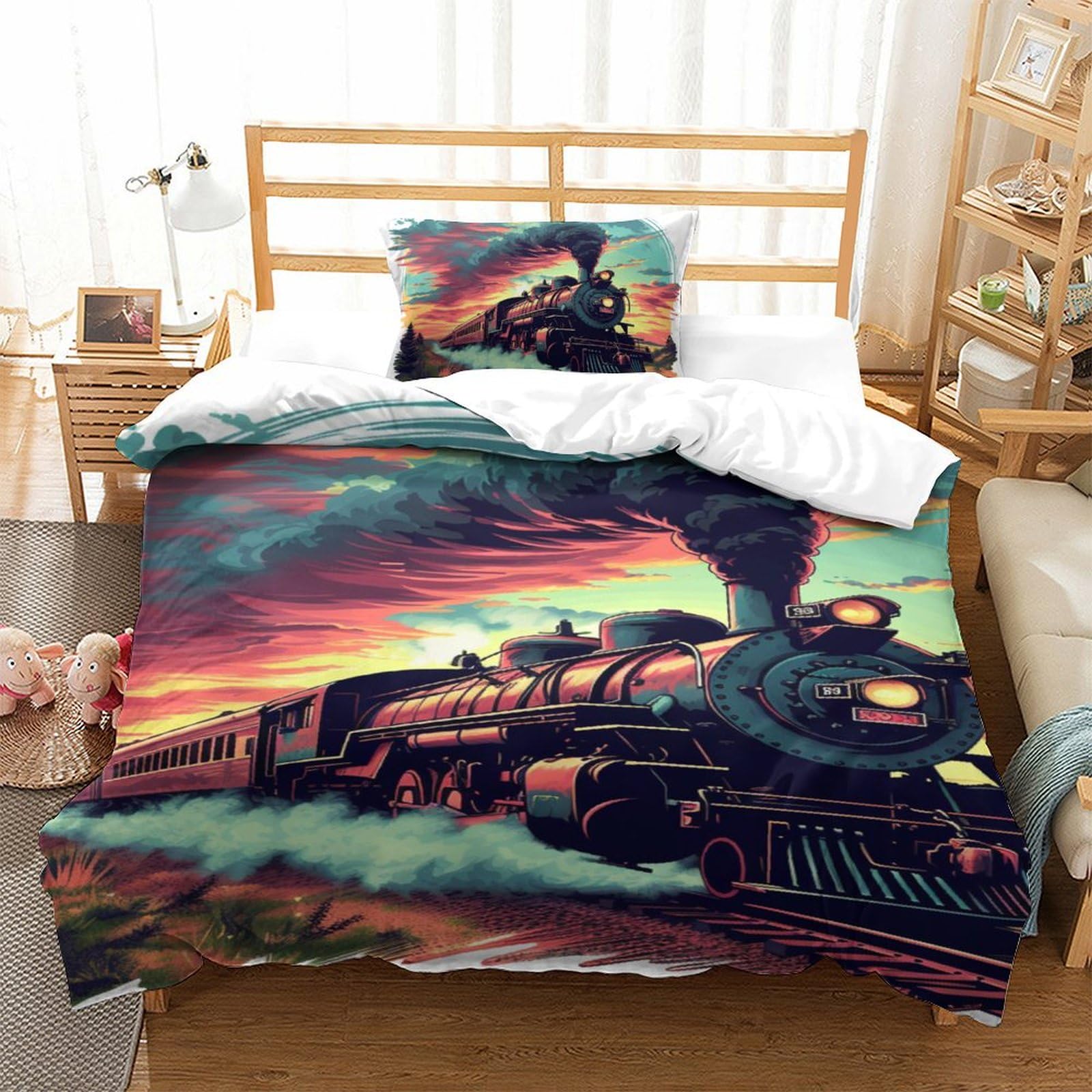 Housse de couette train à vapeur en microfibre 135x200 cm avec ses taies d'oreiller